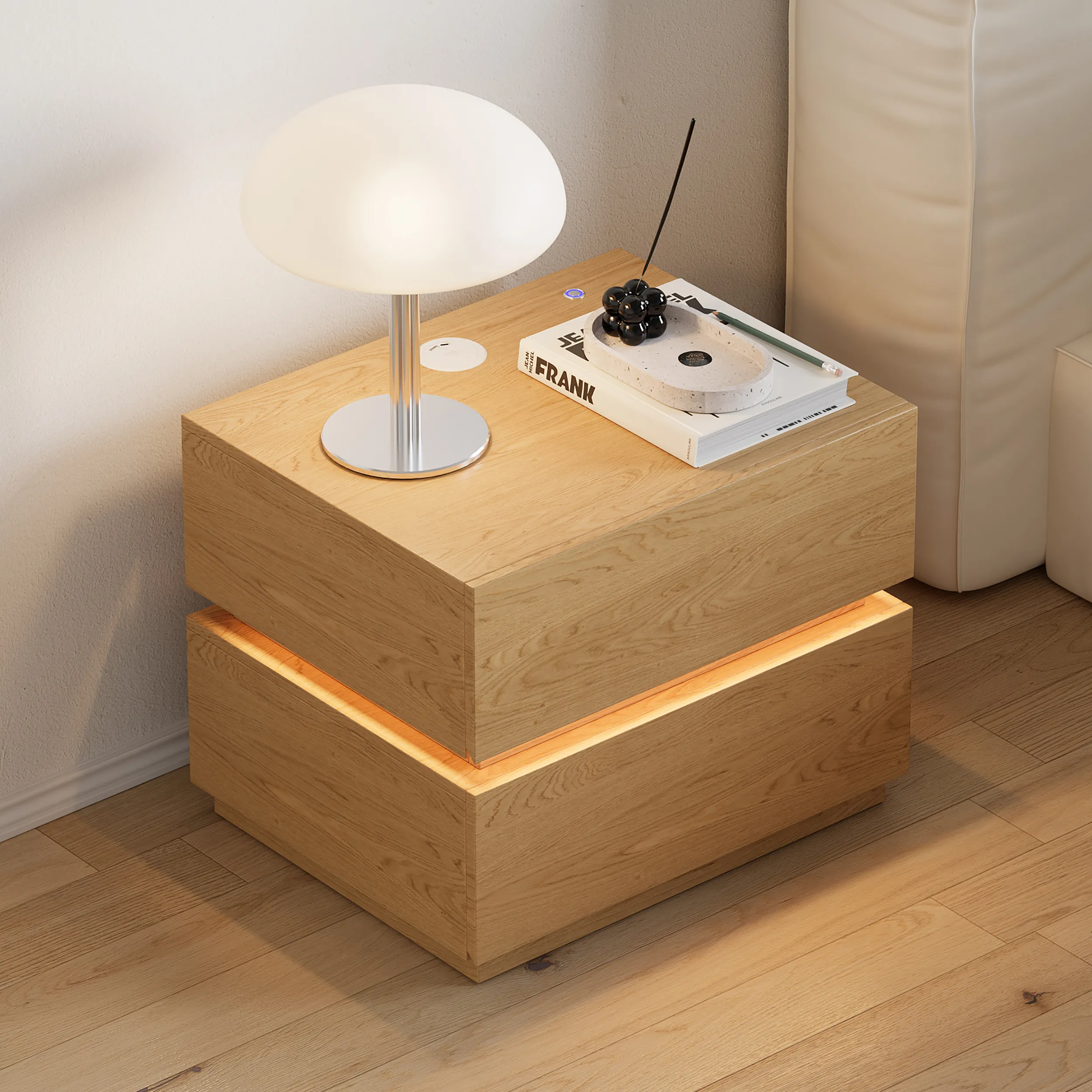 Smart LED Nightstand Set with Wireless Charging - Natural Wood