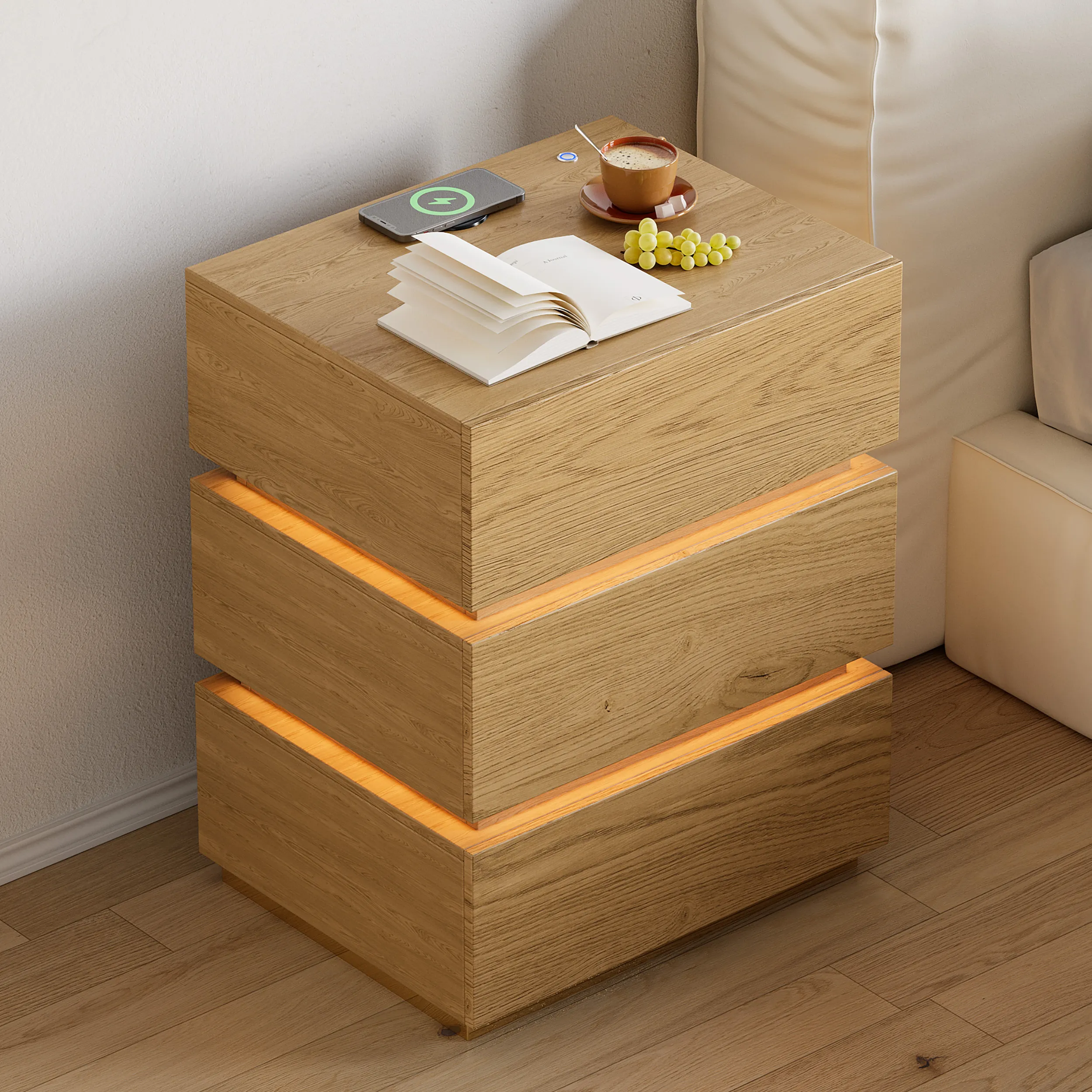 Smart LED Nightstand Set with Wireless Charging - Natural Wood