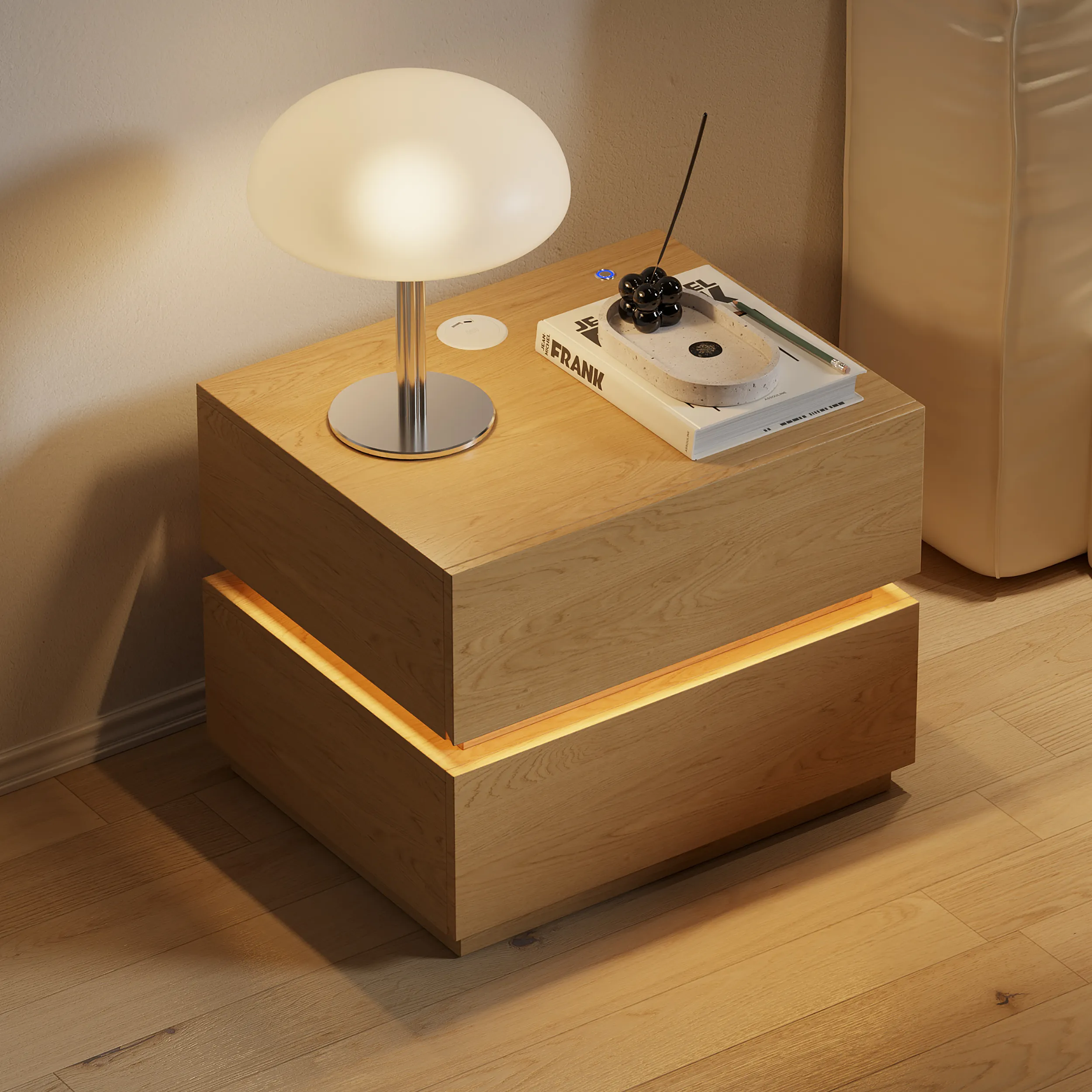 Smart LED Nightstand with Wireless Charging - Natural Wood image