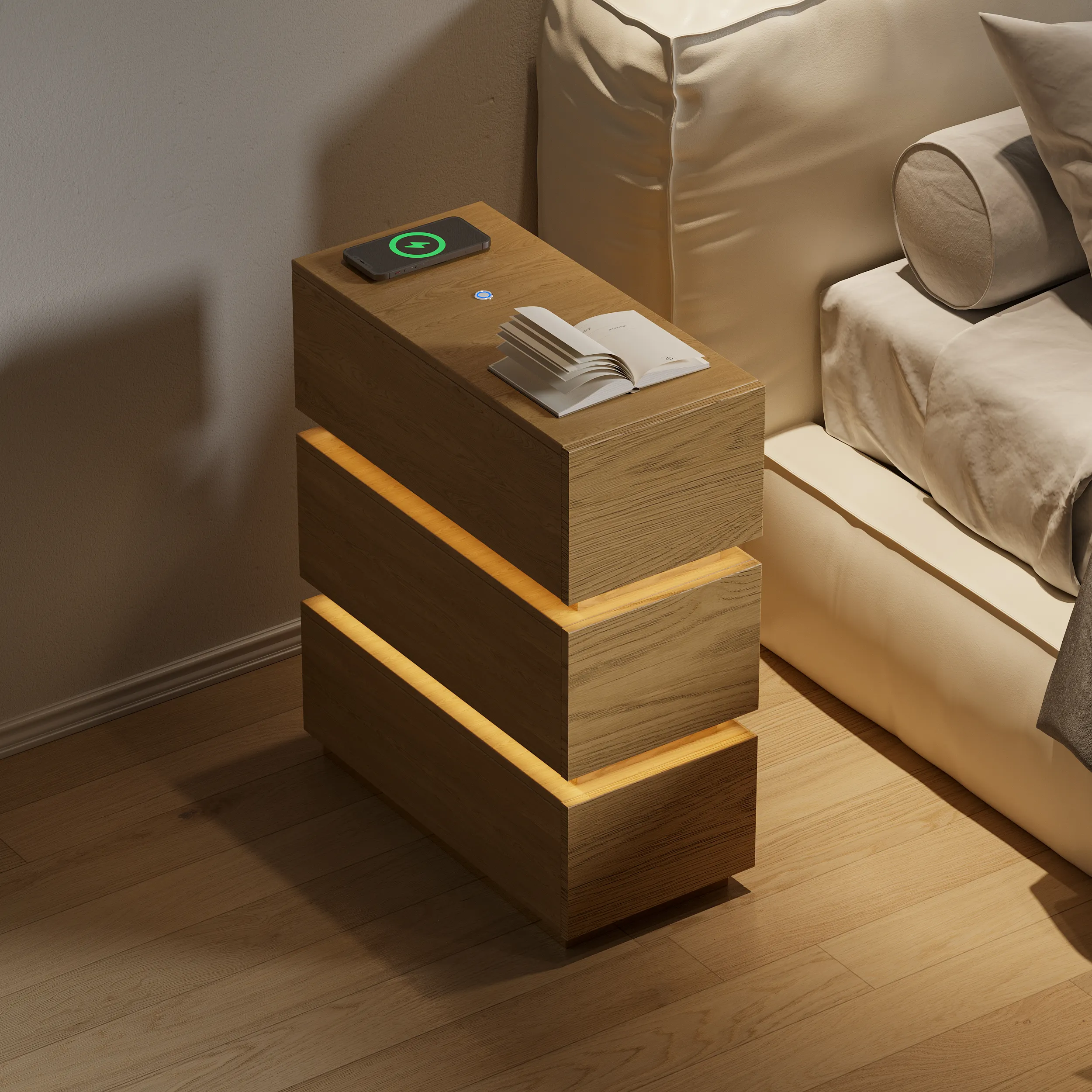 Smart LED Nightstand with Wireless Charging - Natural Wood