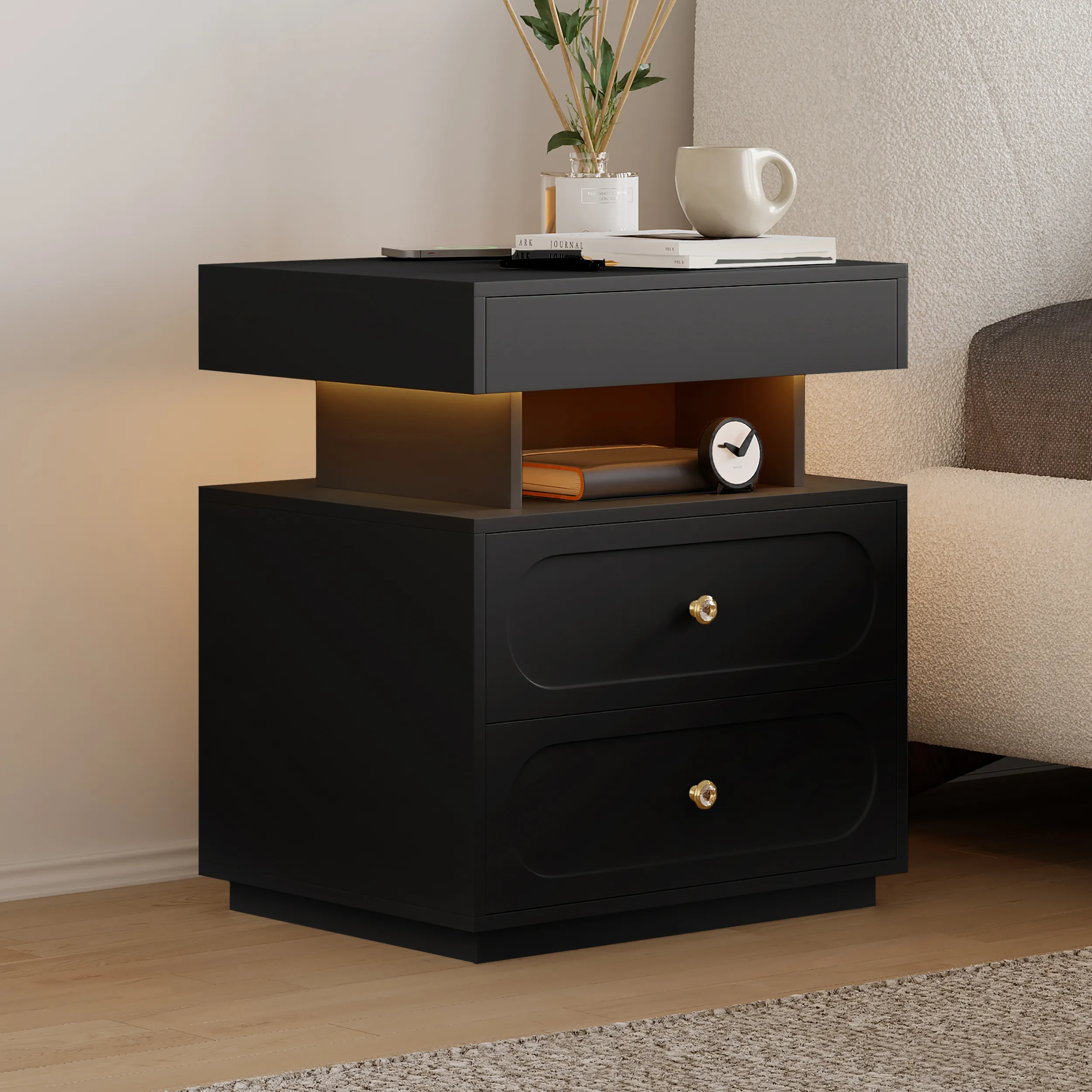 Smart Nightstand Set of 2 with Light and Charging Station