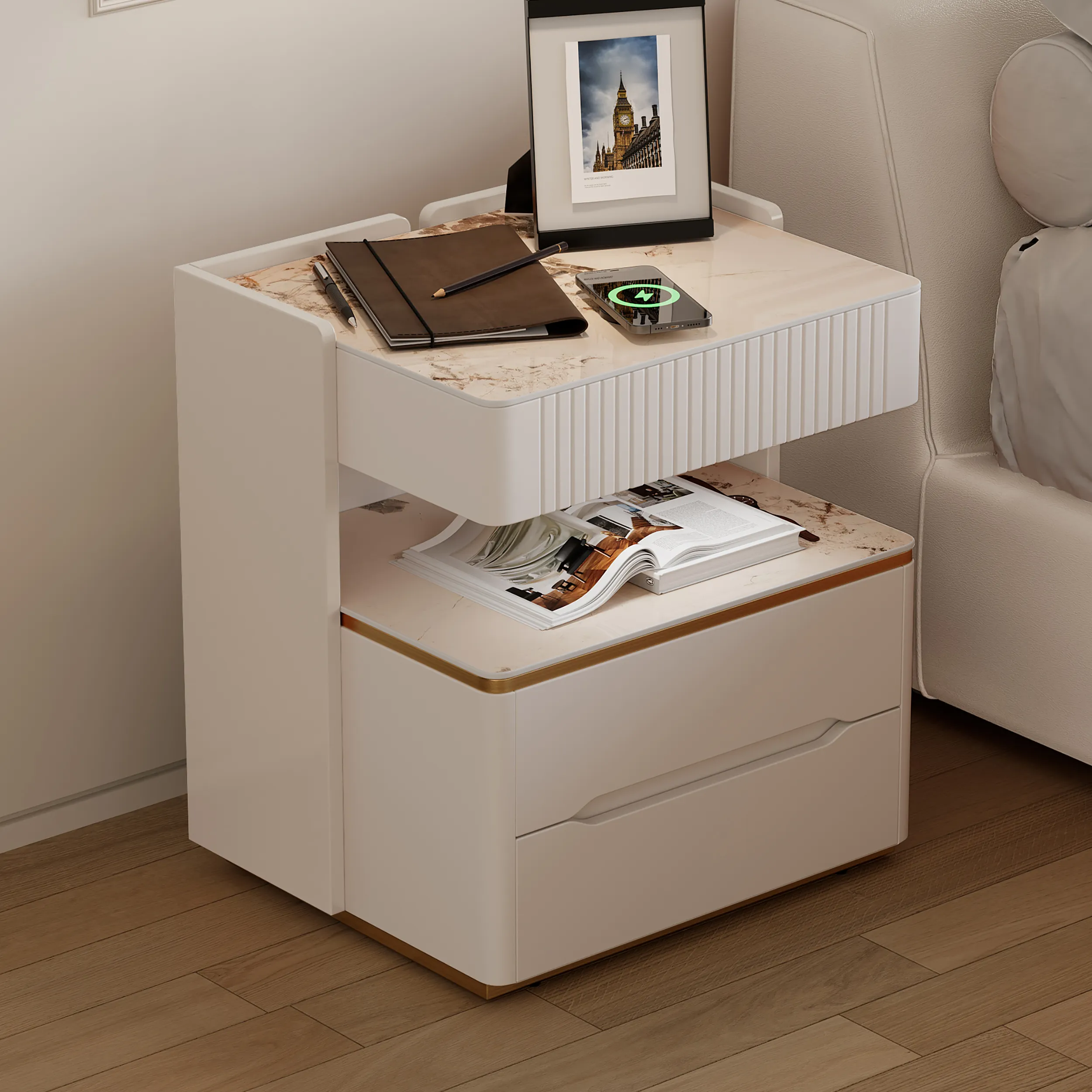 Smart Nightstand Set with Wireless Charger - Sintered Stone