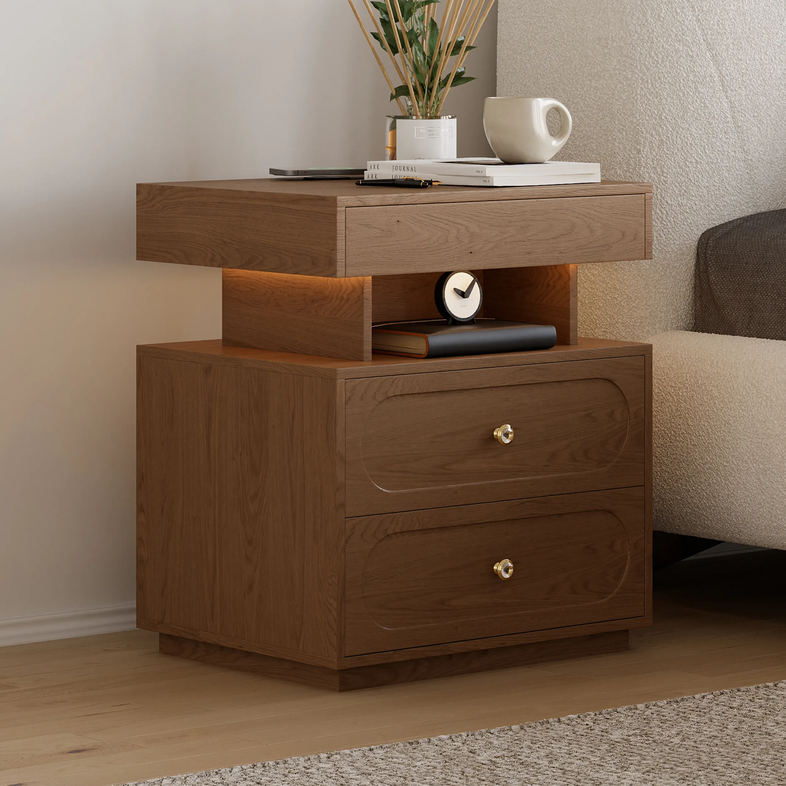 Smart Nightstand with Light and Charging Station - 2 Drawer