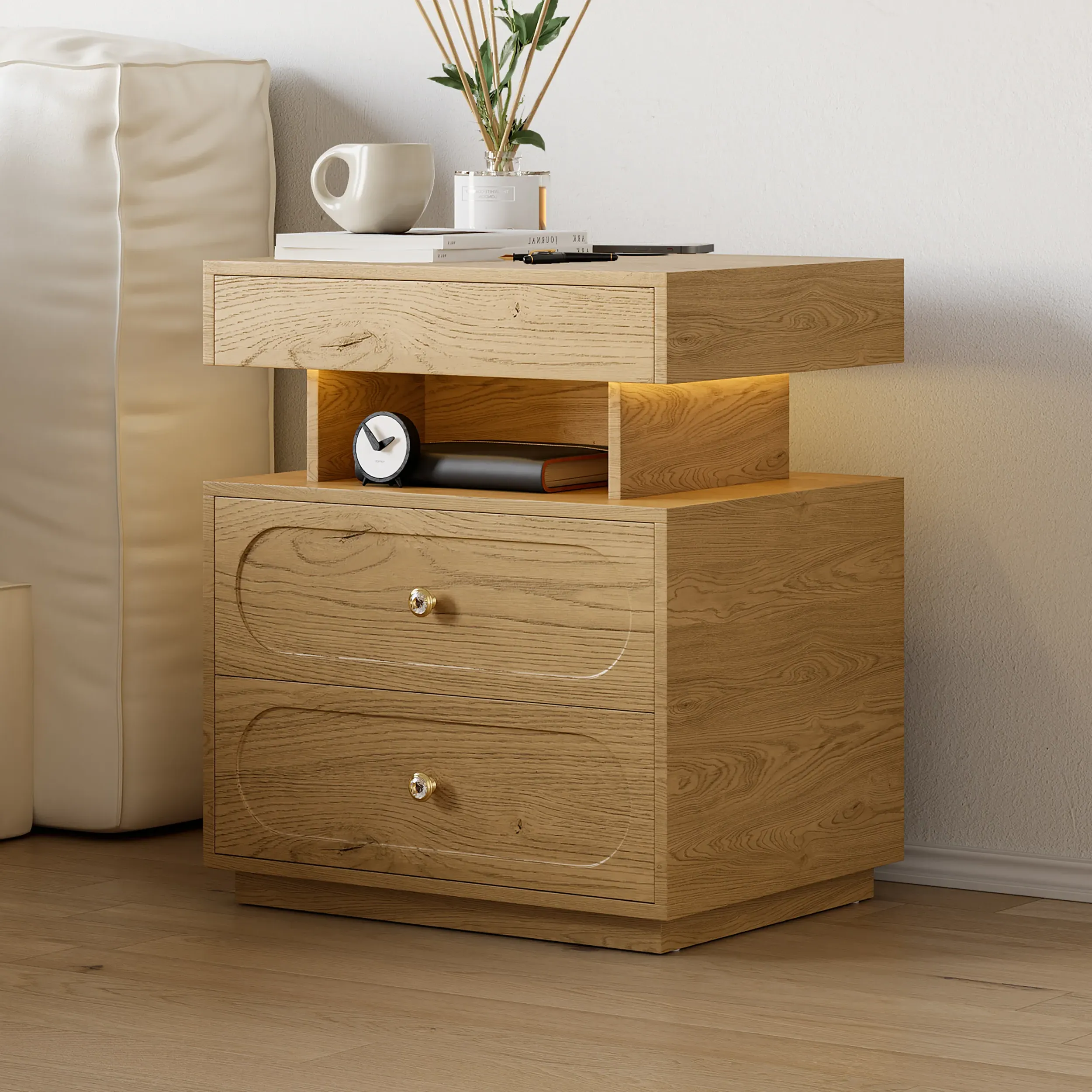 Smart Nightstand with Light and Charging Station - 2 Drawer