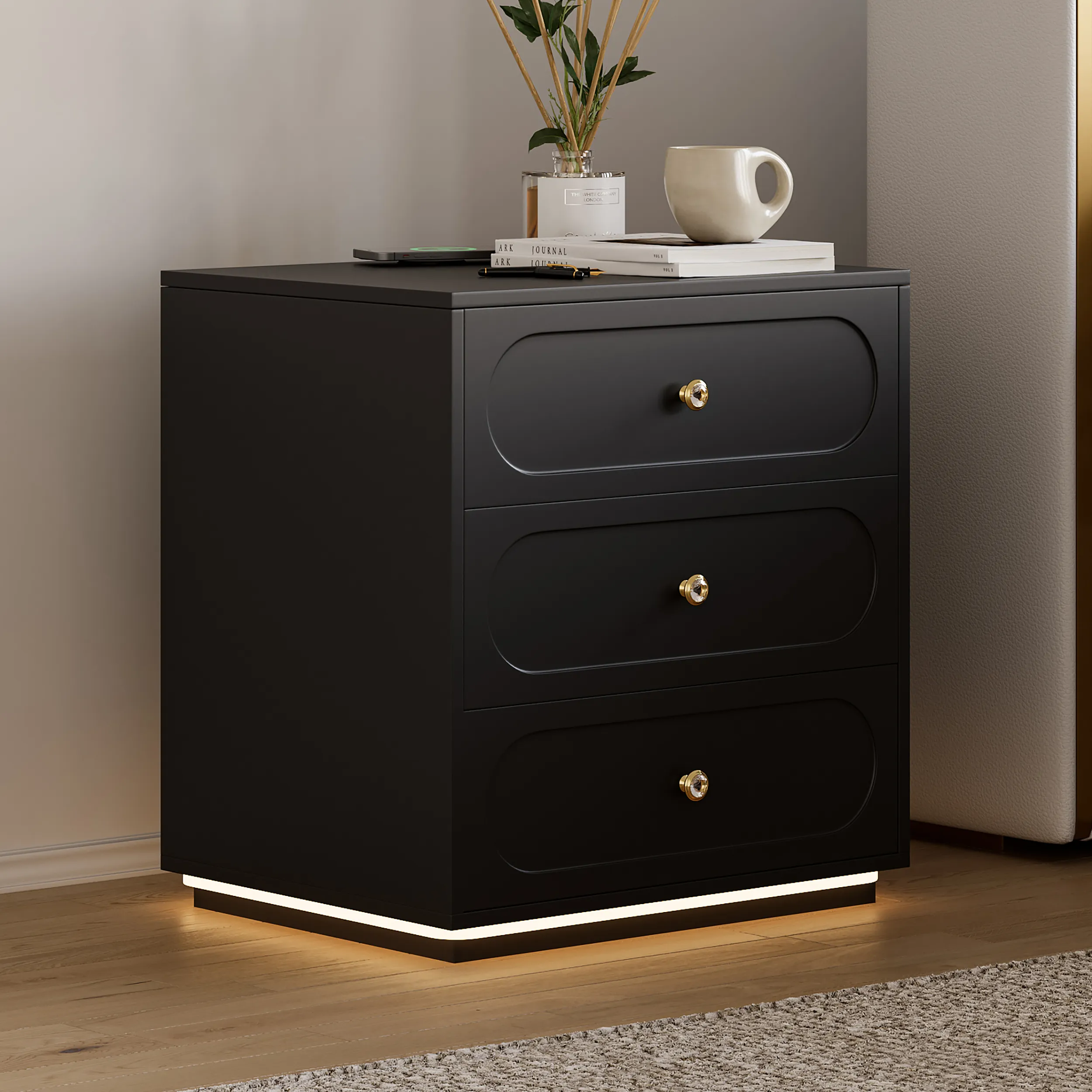 Smart Nightstand with Light and Charging Station - 2 Drawer Set of 2