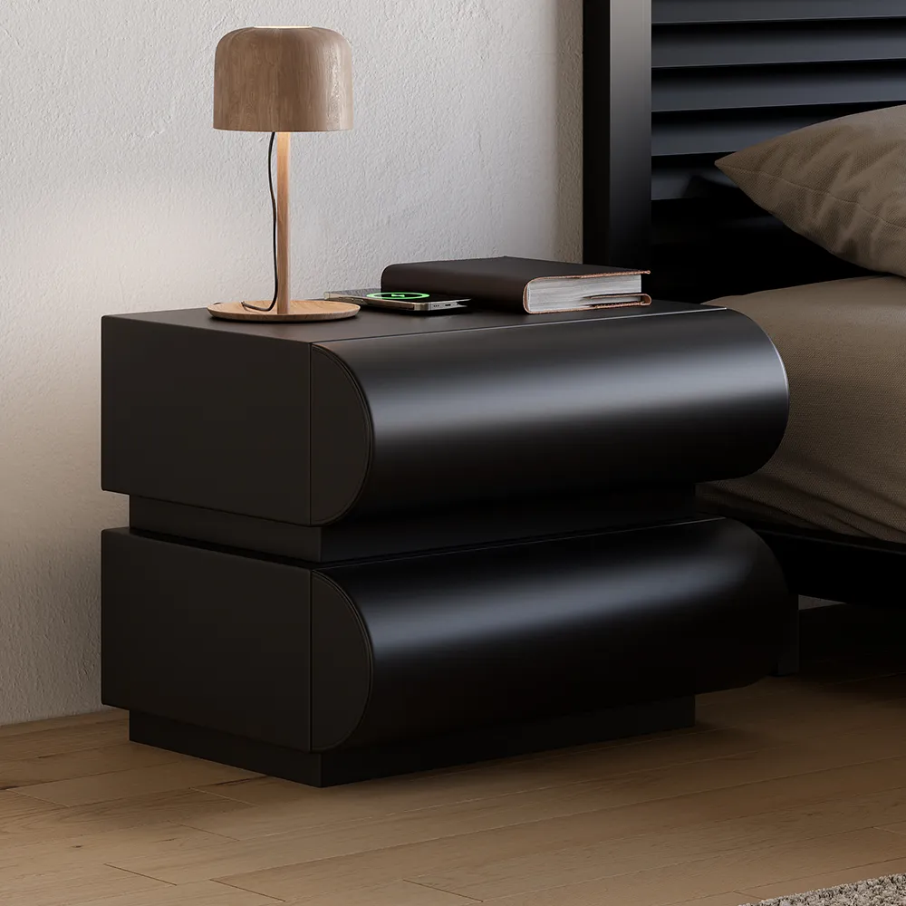 Smart Nightstand with Wireless Charger 2 Drawers - Black, Leather