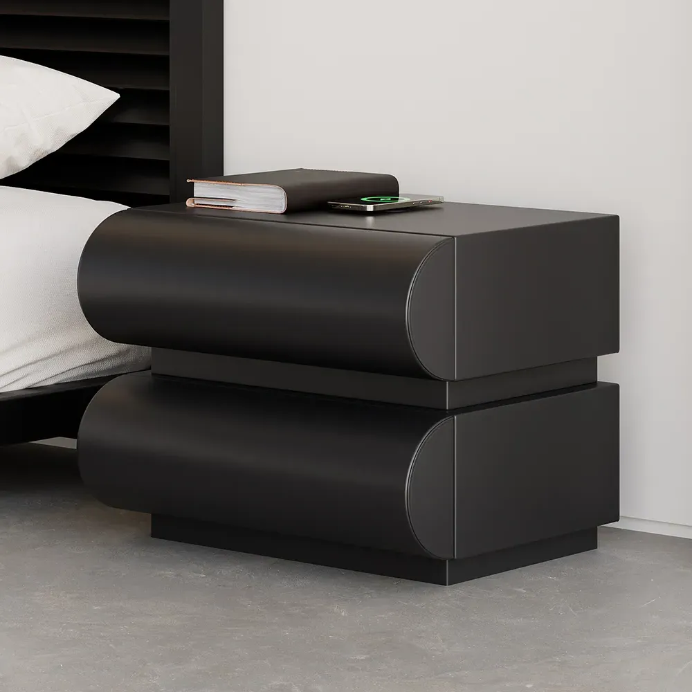 Smart Nightstand with Wireless Charger 2 Drawers - Black, Leather