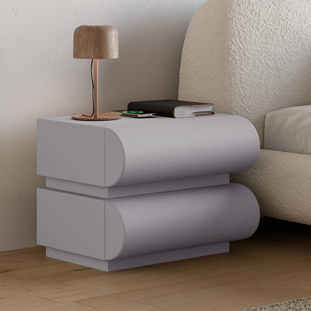 Smart Nightstand with Wireless Charger 2 Drawers Set of 2 - Light Gray, Leather