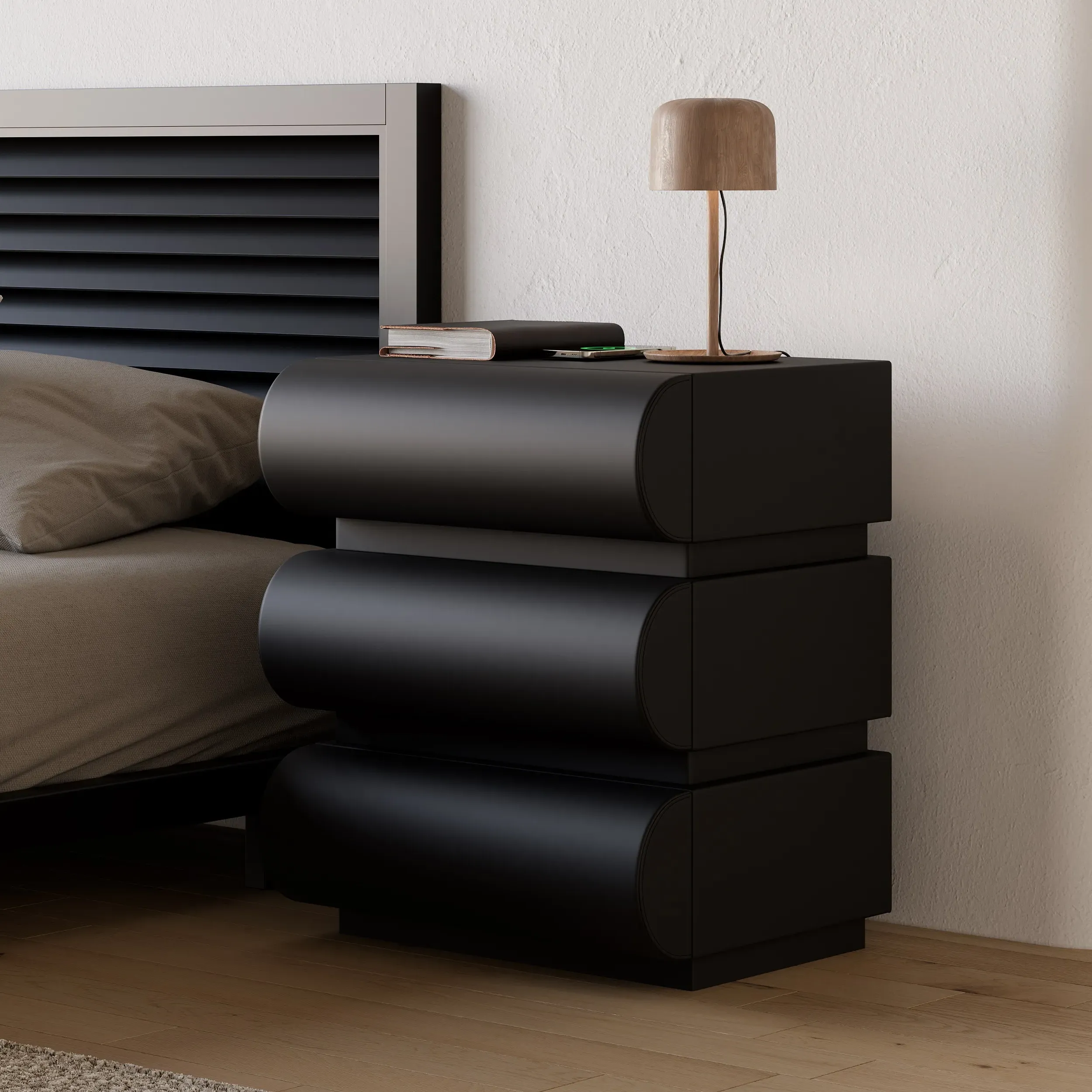 Smart Nightstand with Wireless Charger 3 Drawers - Black, Leather