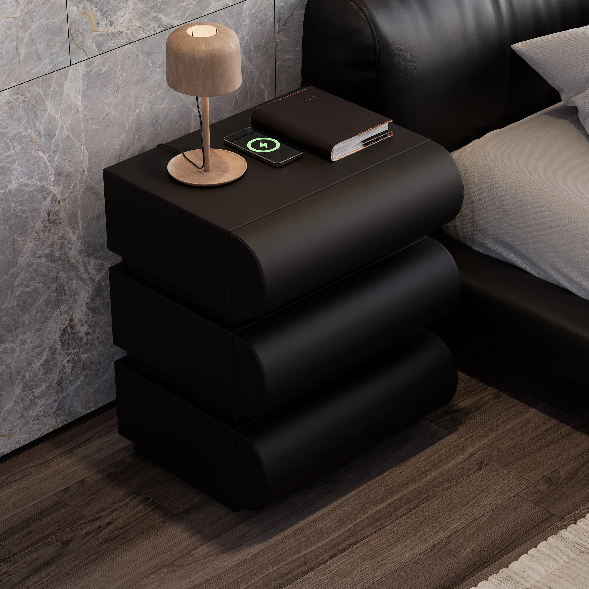Smart Nightstand with Wireless Charger 3 Drawers - Black, Leather