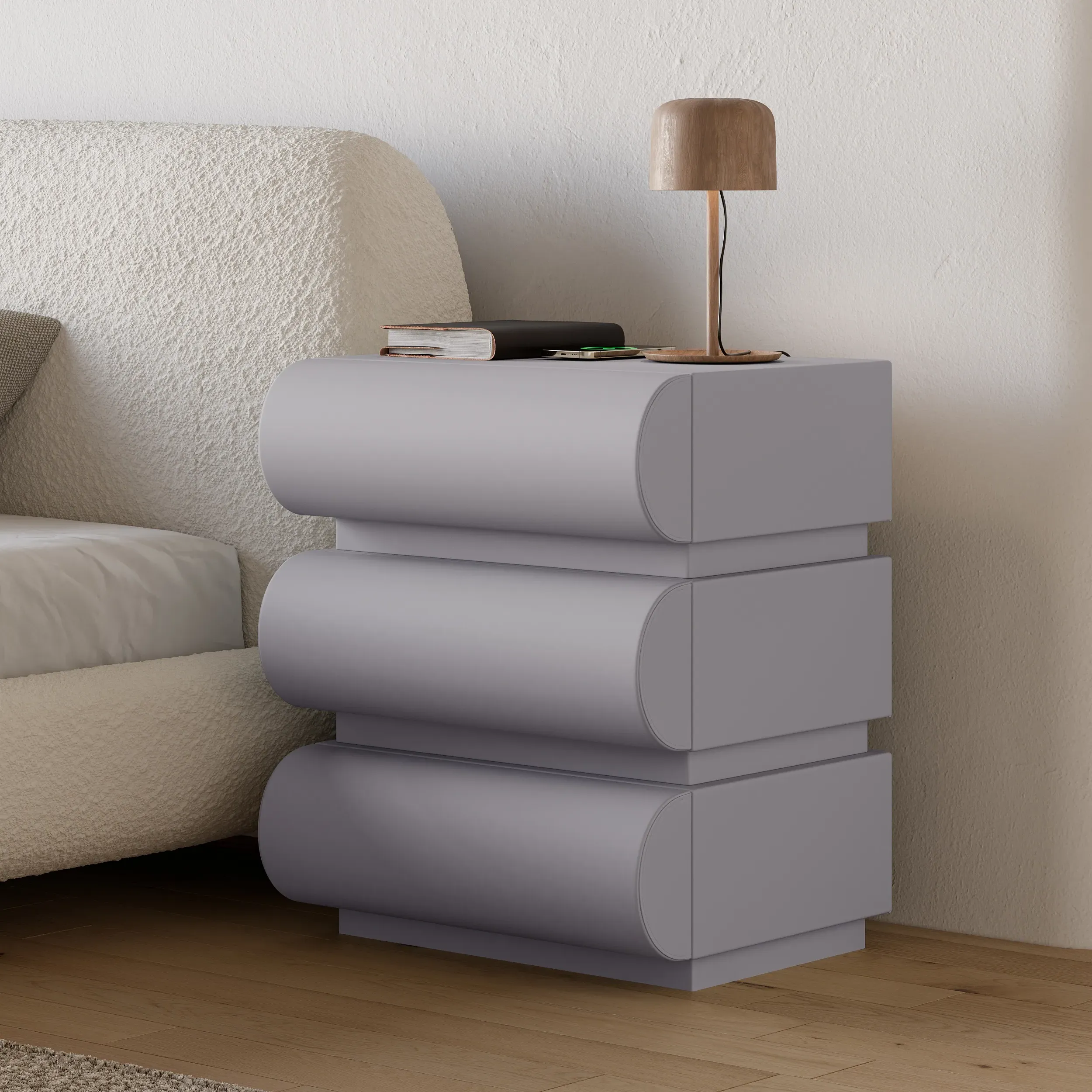 Smart Nightstand with Wireless Charger 3 Drawers Set of 2 - Light Gray, Leather