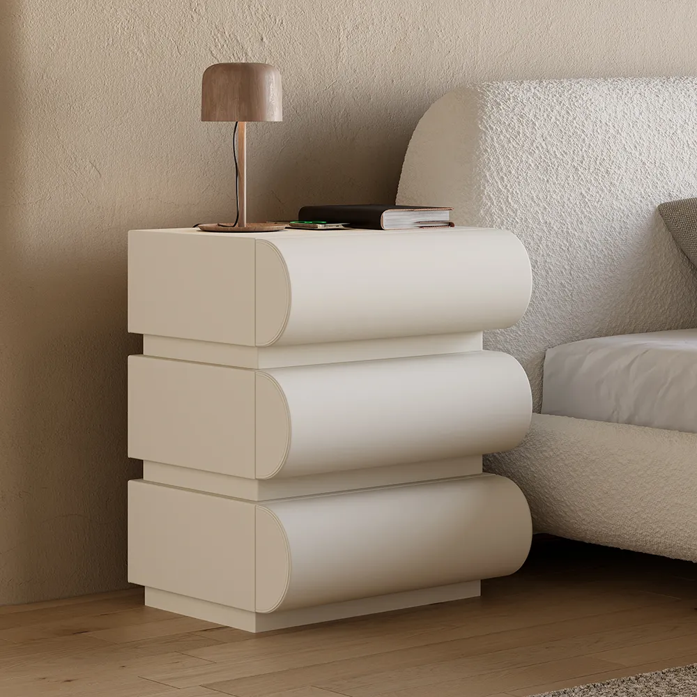 Smart Nightstand with Wireless Charger 3 Drawers - White, Leather