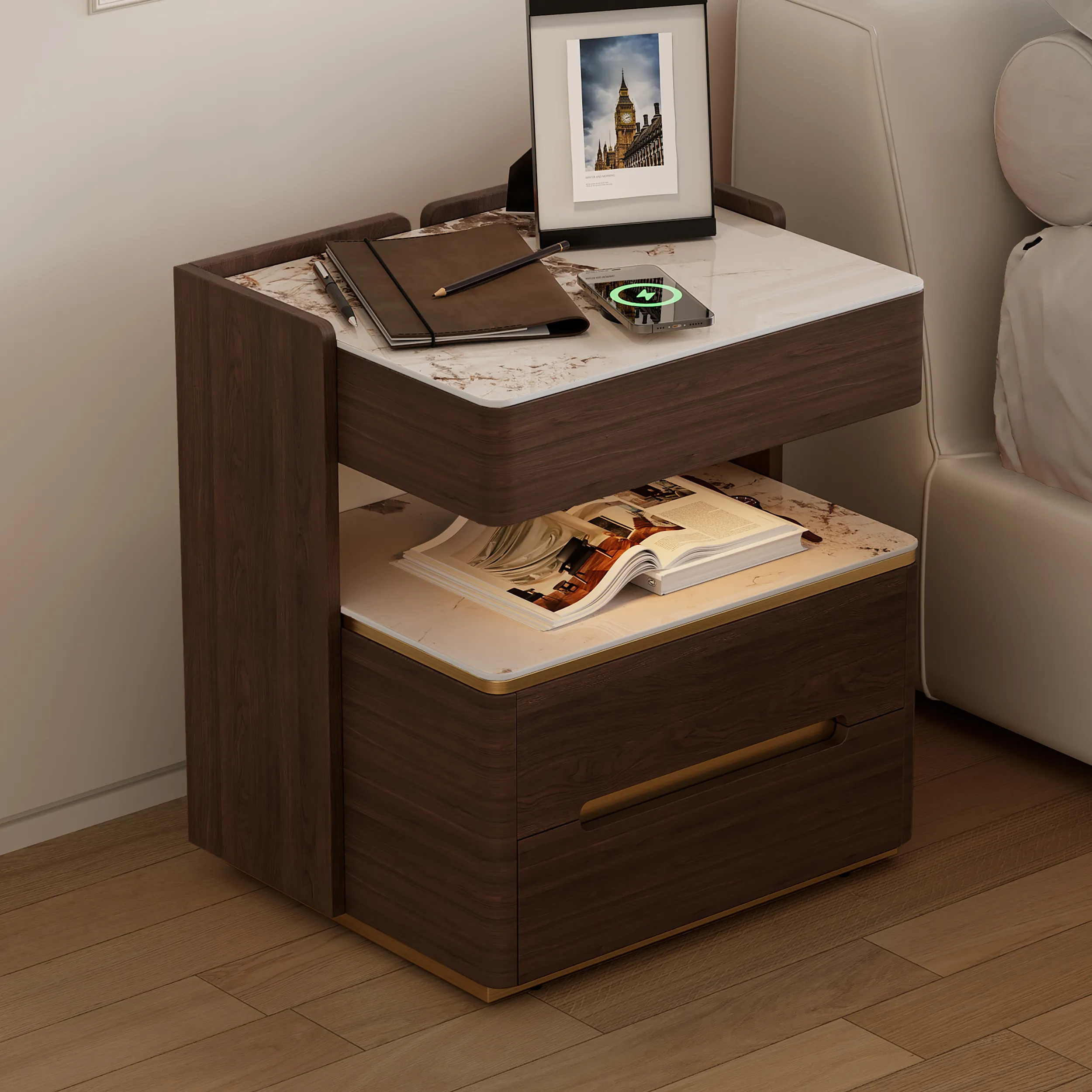 Smart Walnut Nightstand with Wireless Charger & Speakers Set of 2