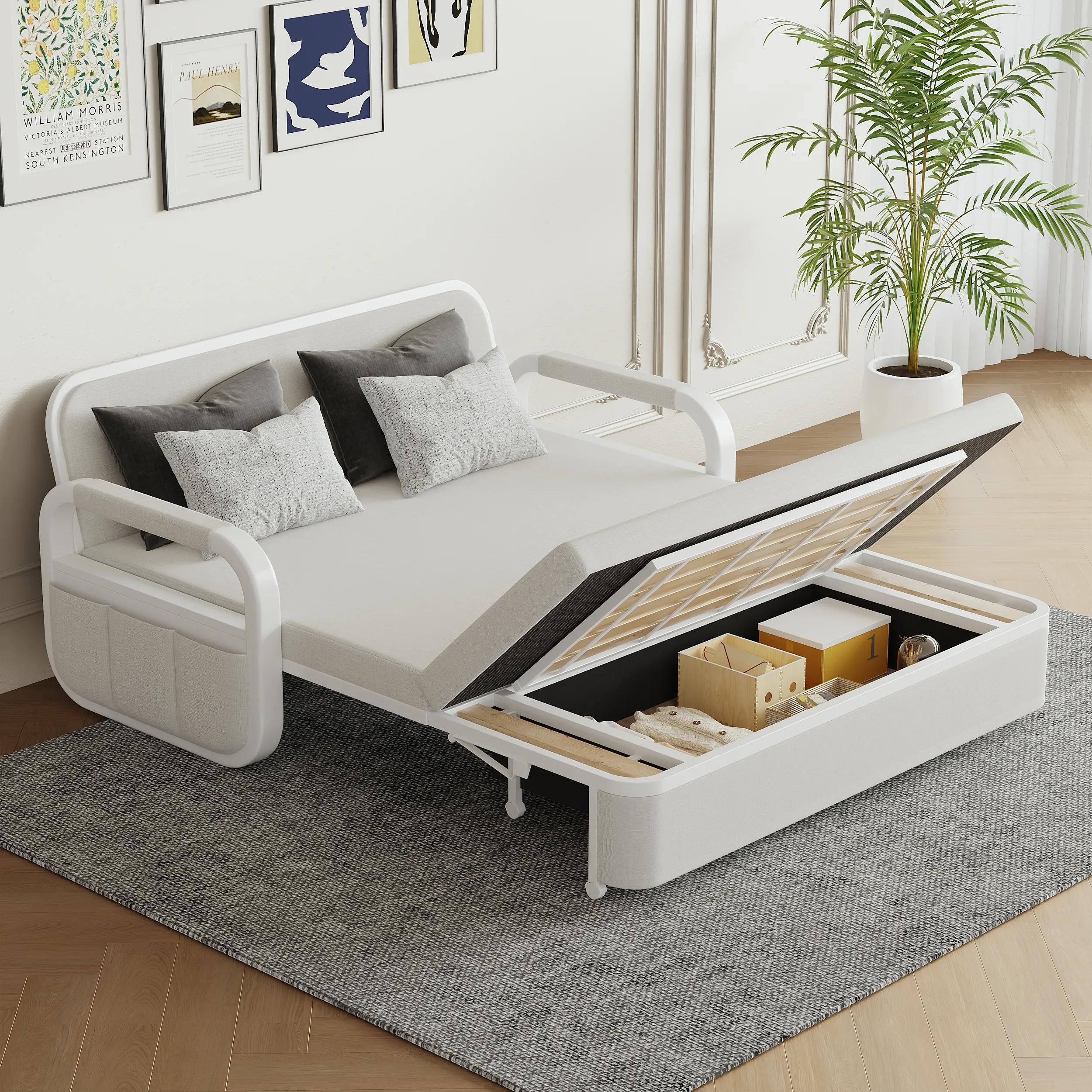 Sofa Bed with Storage - Light Gray, Cotton Linen