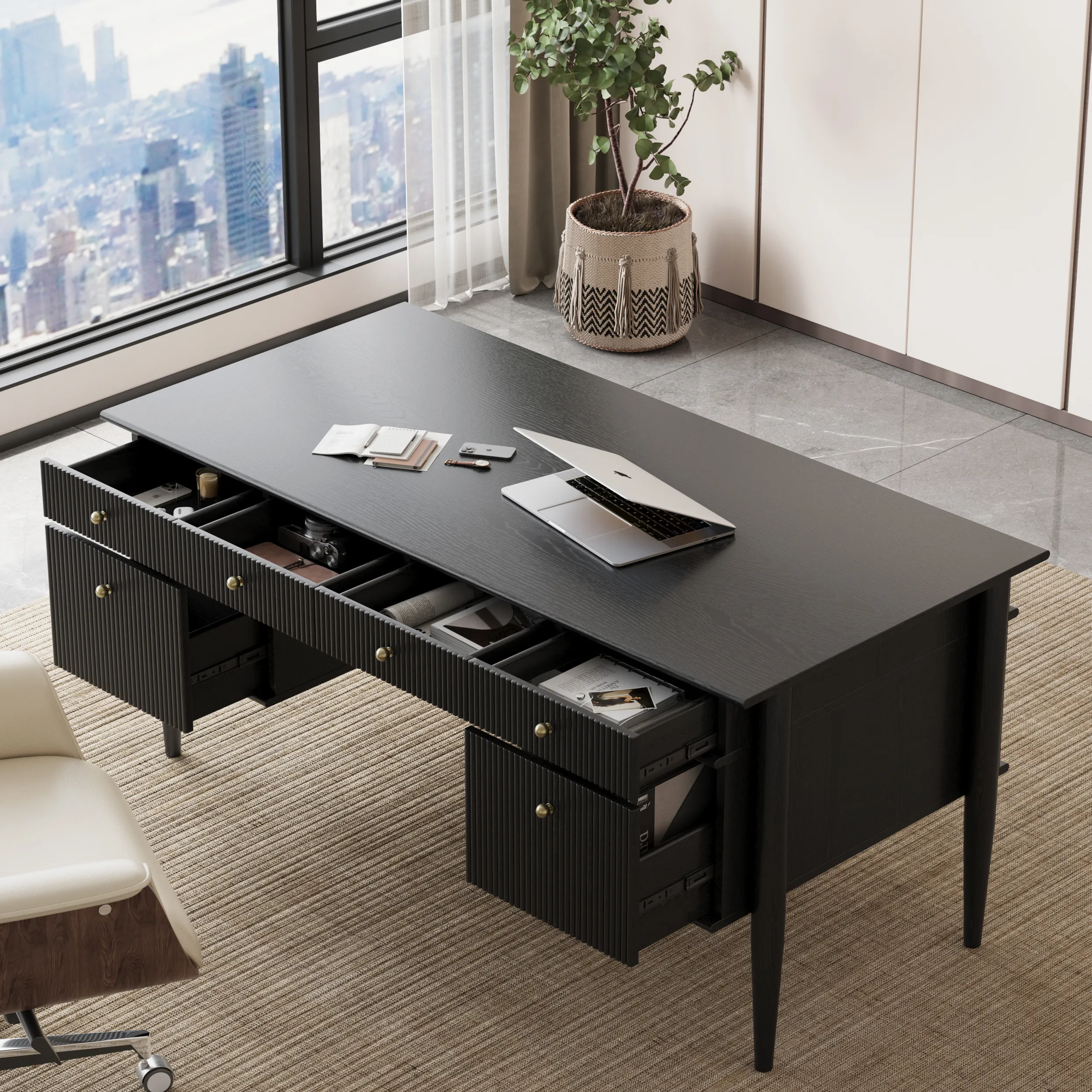 Solid Wood Executive Desk with 6 Drawers - Black