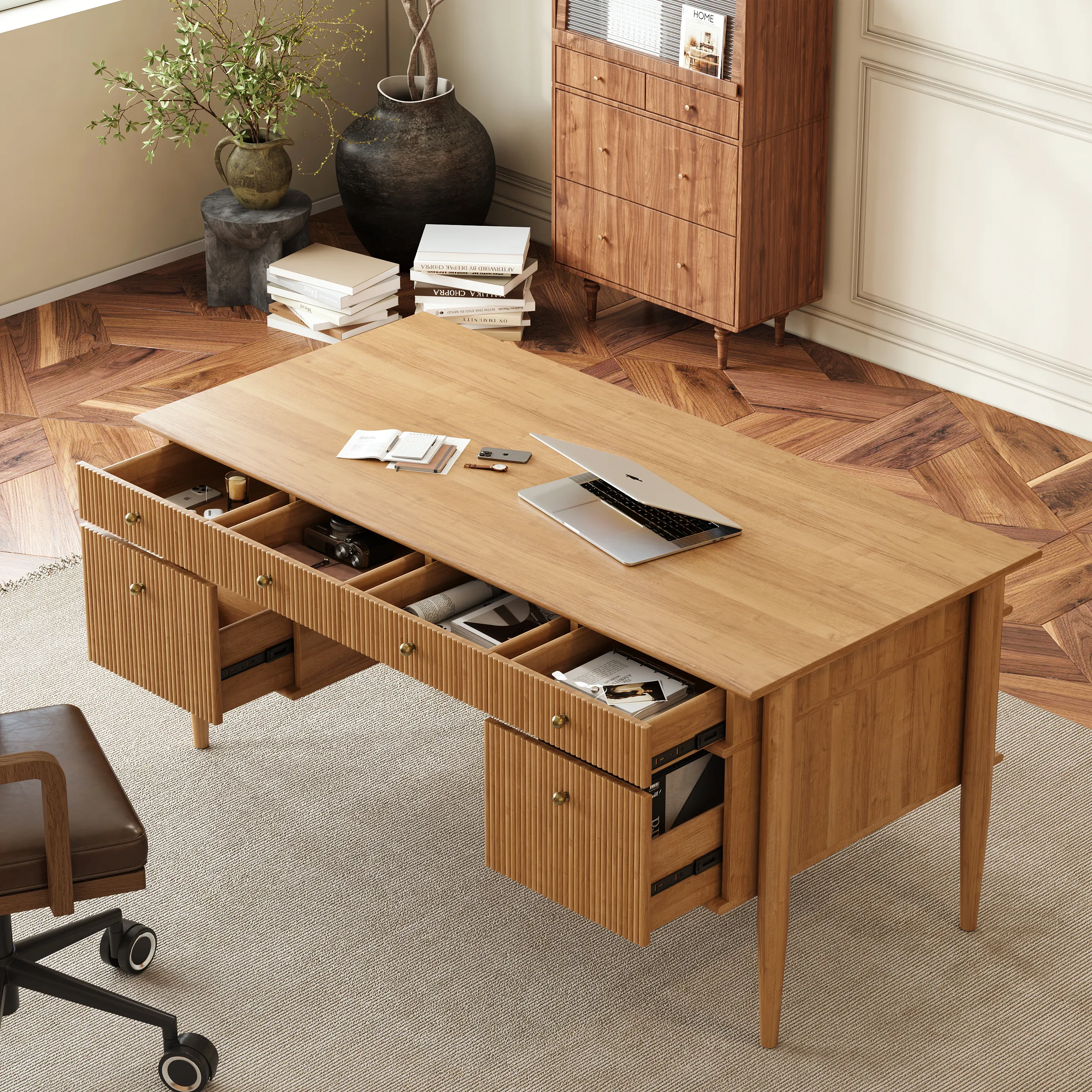 Solid Wood Executive Desk with 6 Drawers - Natural