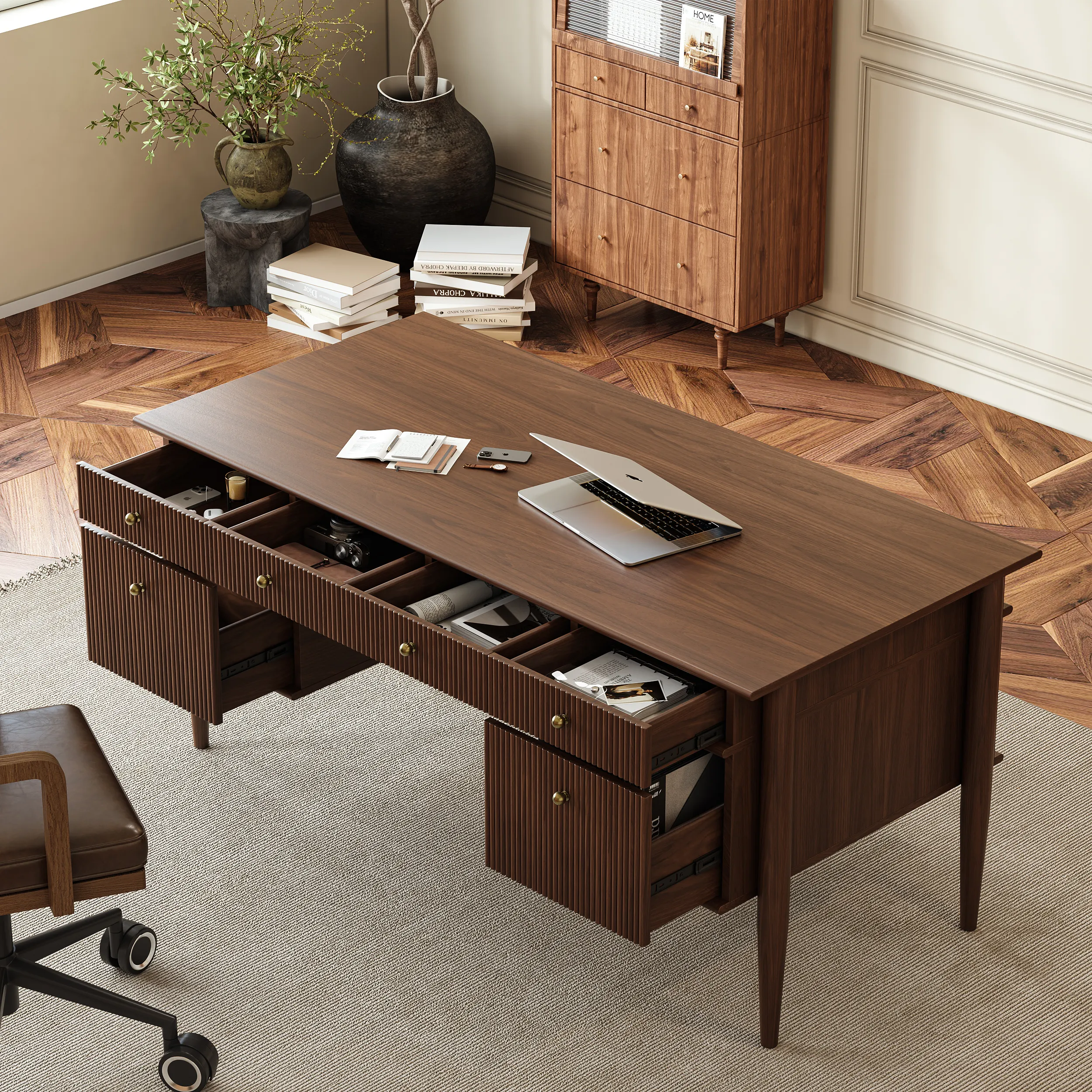 Solid Wood Executive Desk with 6 Drawers - Walnut image
