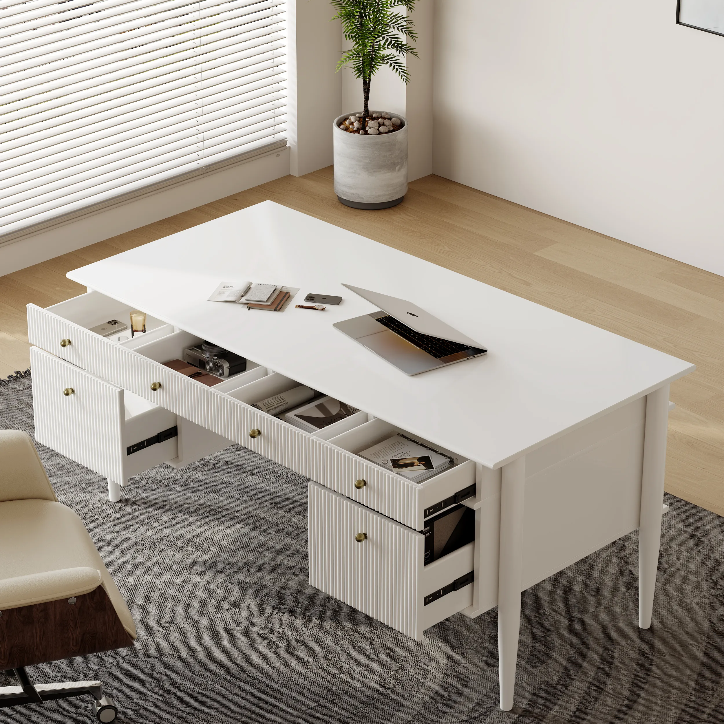 Solid Wood Office Desk with 6 Drawers - White image