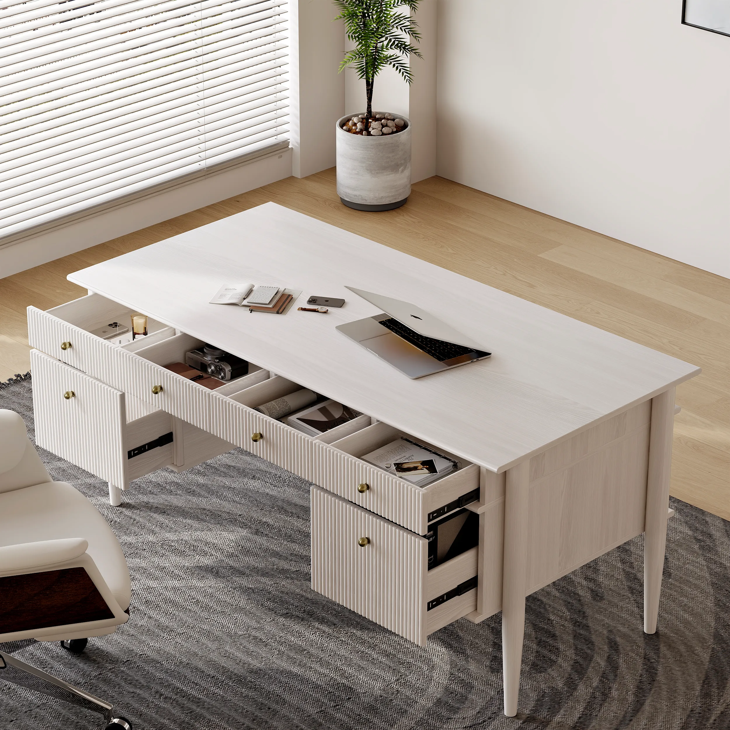 Solid Wood Office Desk with 6 Drawers - Whitewash