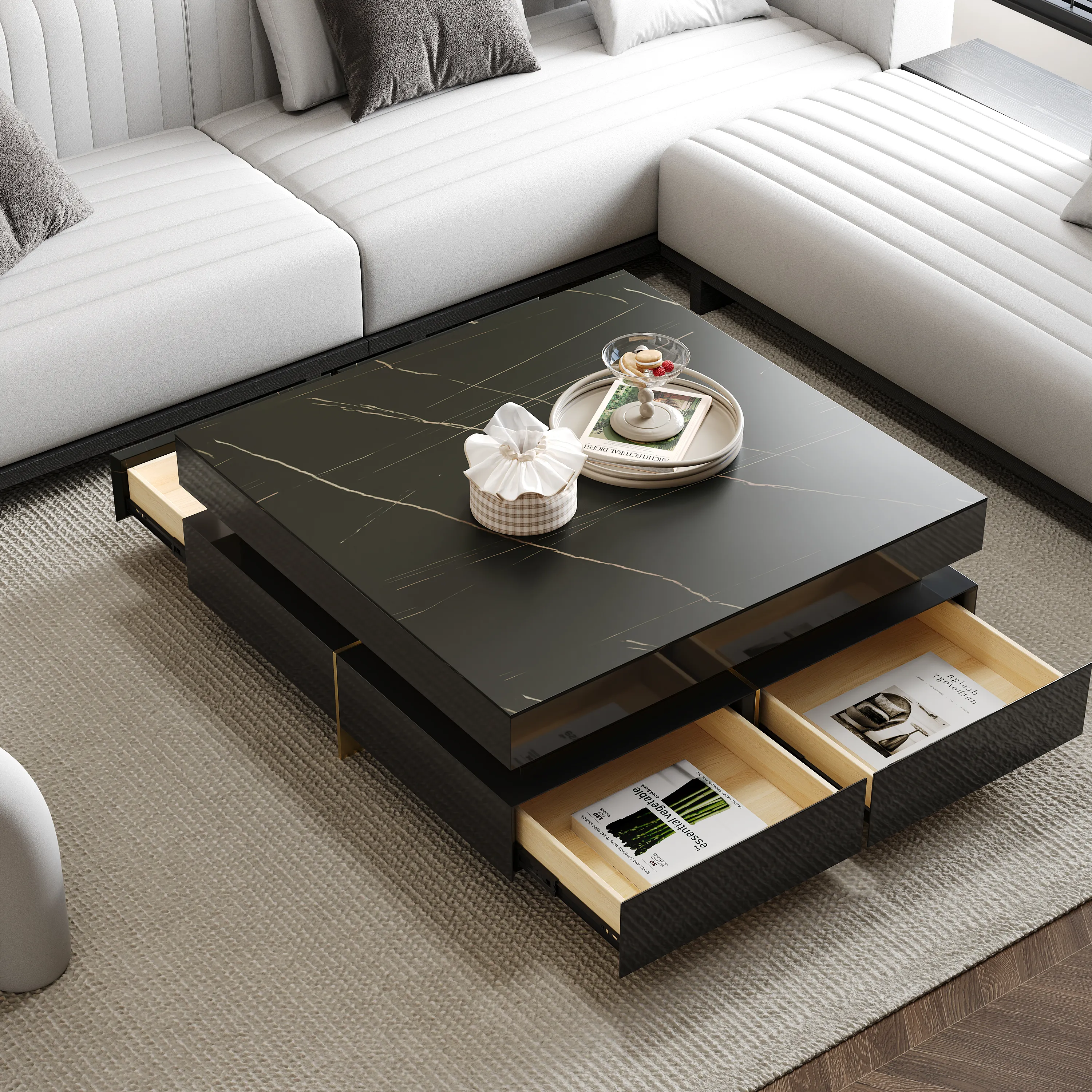 Square Coffee Table with 4 Drawers - Black, Sintered Stone