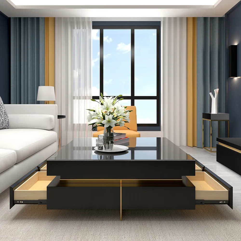 Square Coffee Table with Drawers - Black, Glass image