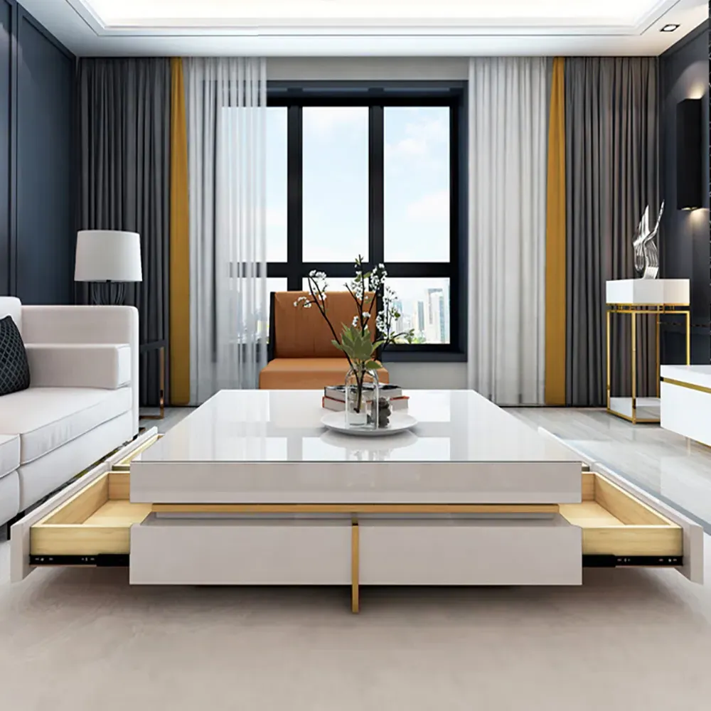 Square Coffee Table with Drawers - White, Glass