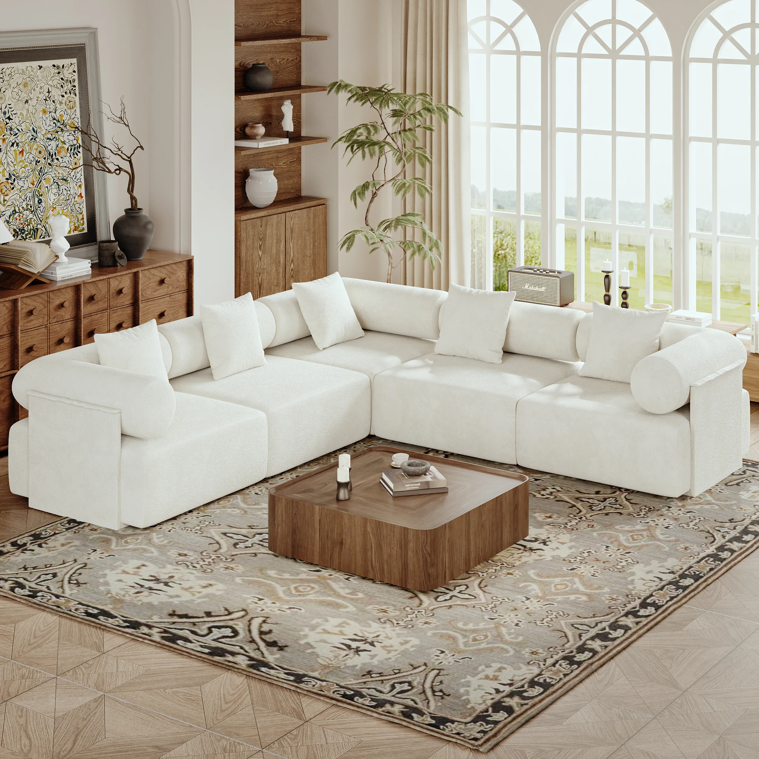 Square Coffee Table with Storage & L-Shape Sectional - Walnut