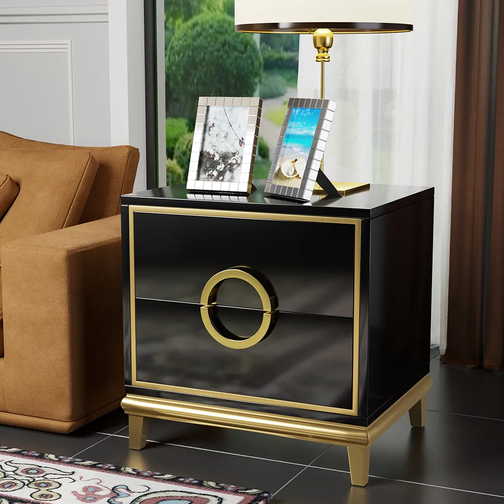 Square Nightstand with 2 Drawers - Black, Gold Finish image