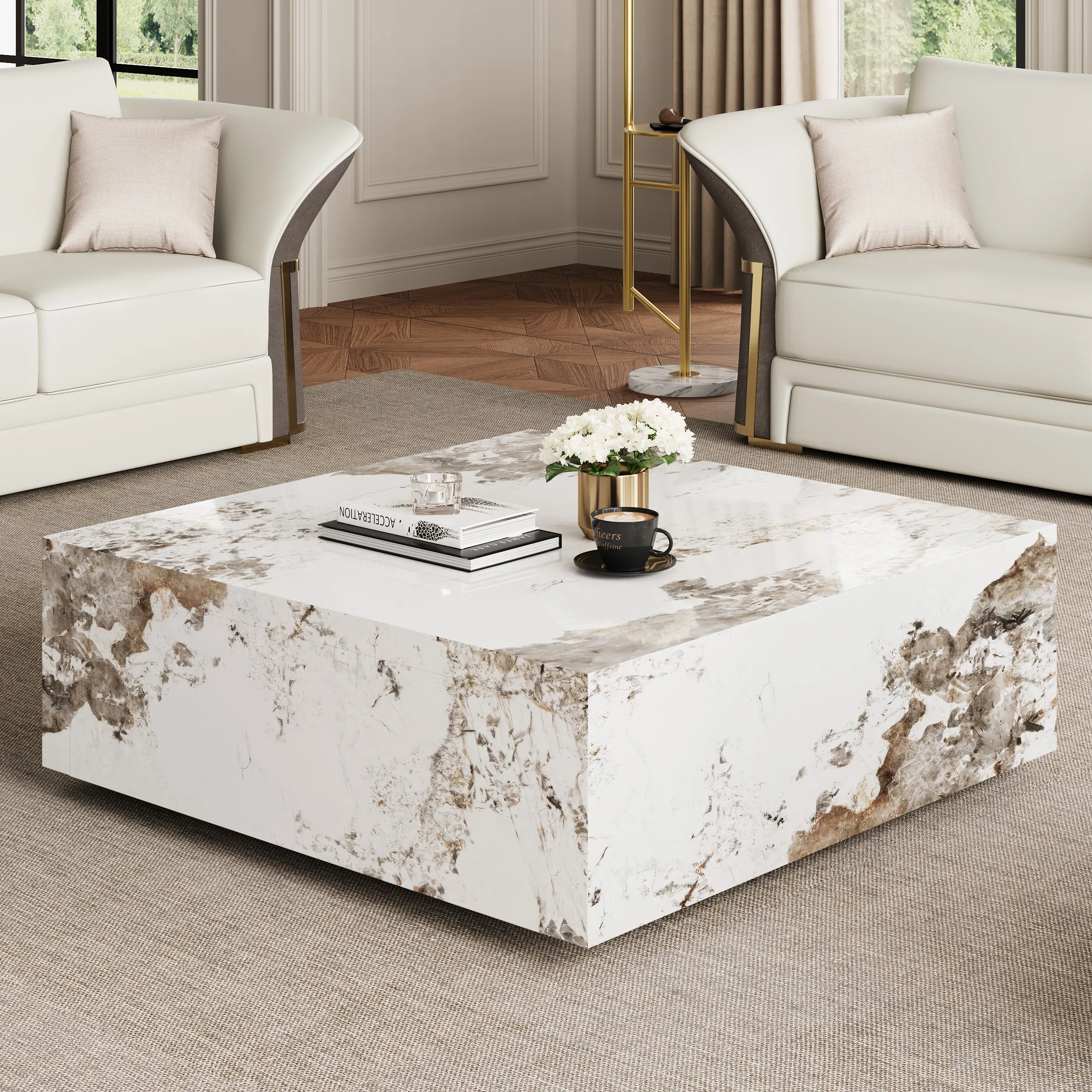 Square Sintered Stone Coffee Table with Storage - Off White