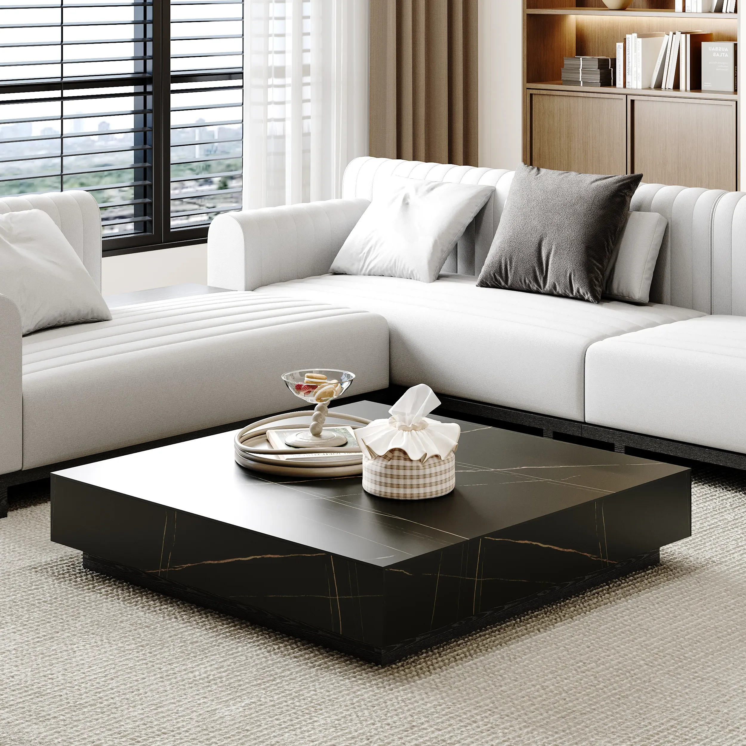 Square Sintered Stone Coffee Table with Wood Base