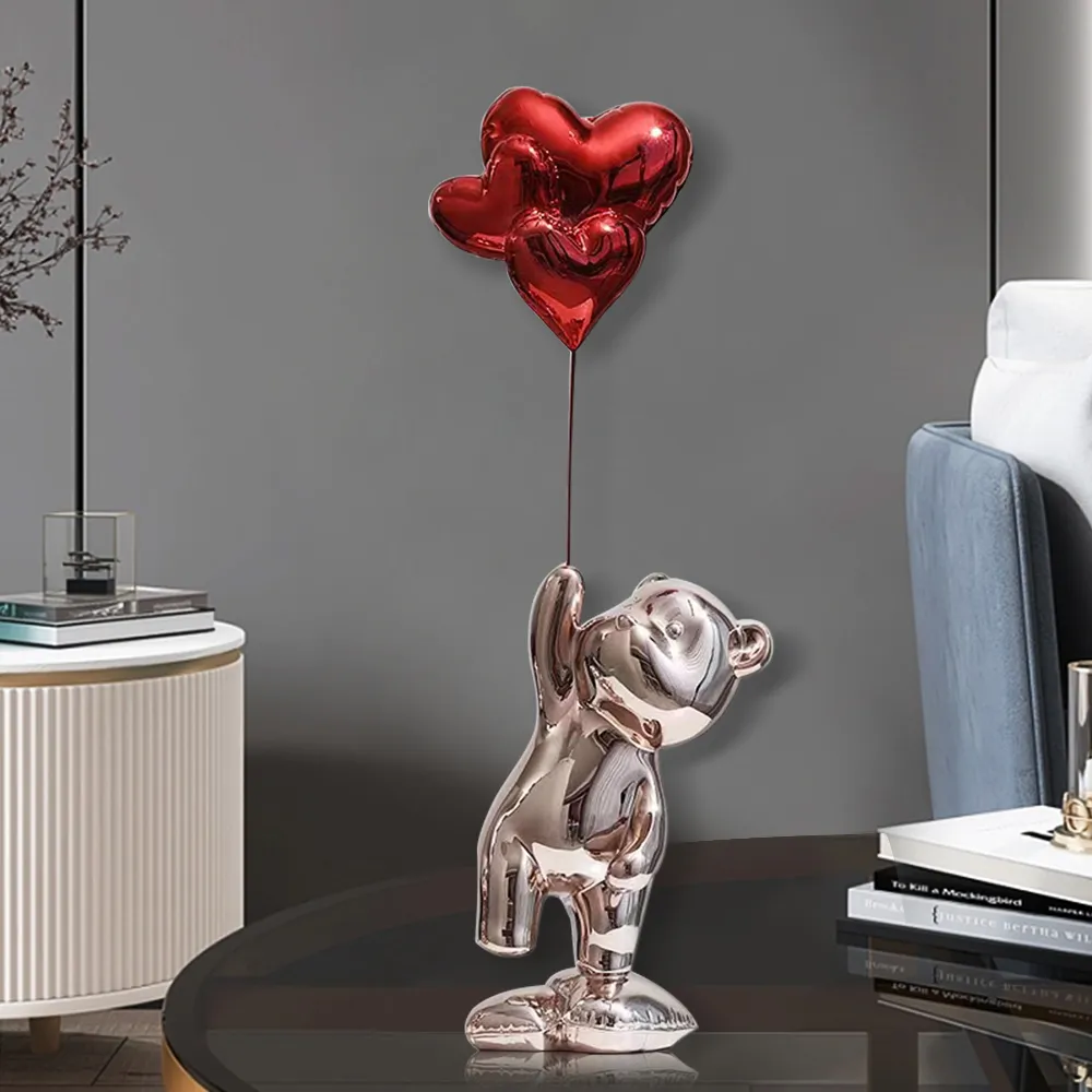 Standing Bear Statue Ornament with Heart Balloons - Pink image