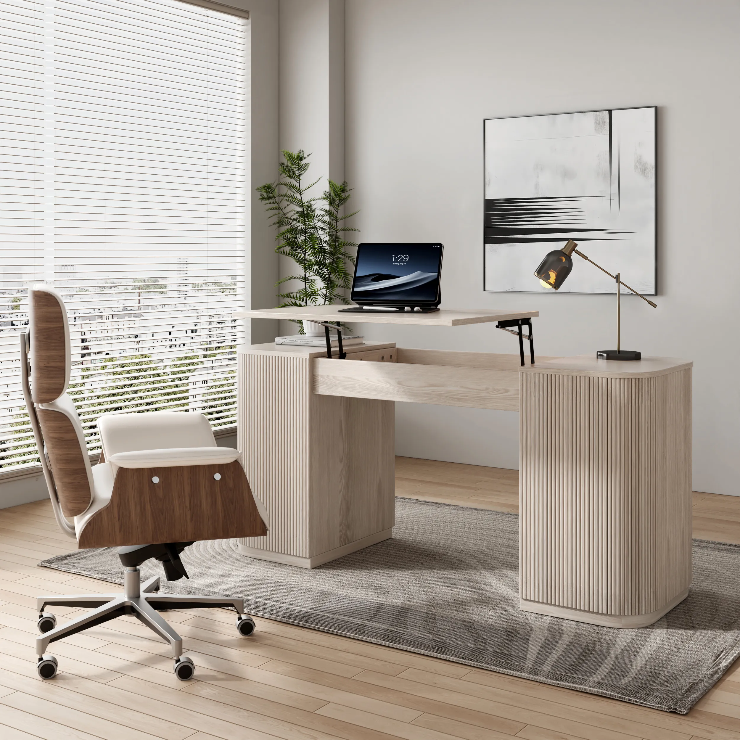 Standing Computer Desk with Storage - Wash White, Engineered Wood