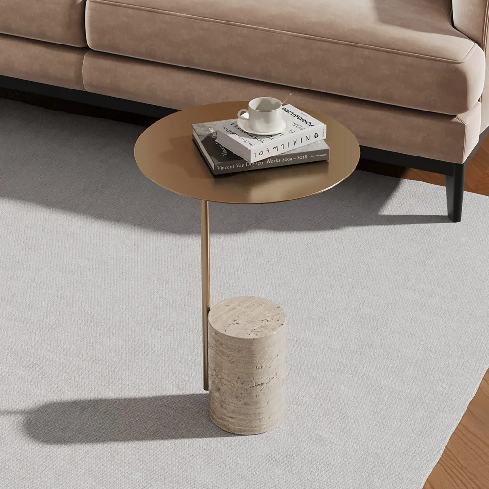 Stone Travertine Side Table - Beige, Stainless Steel image