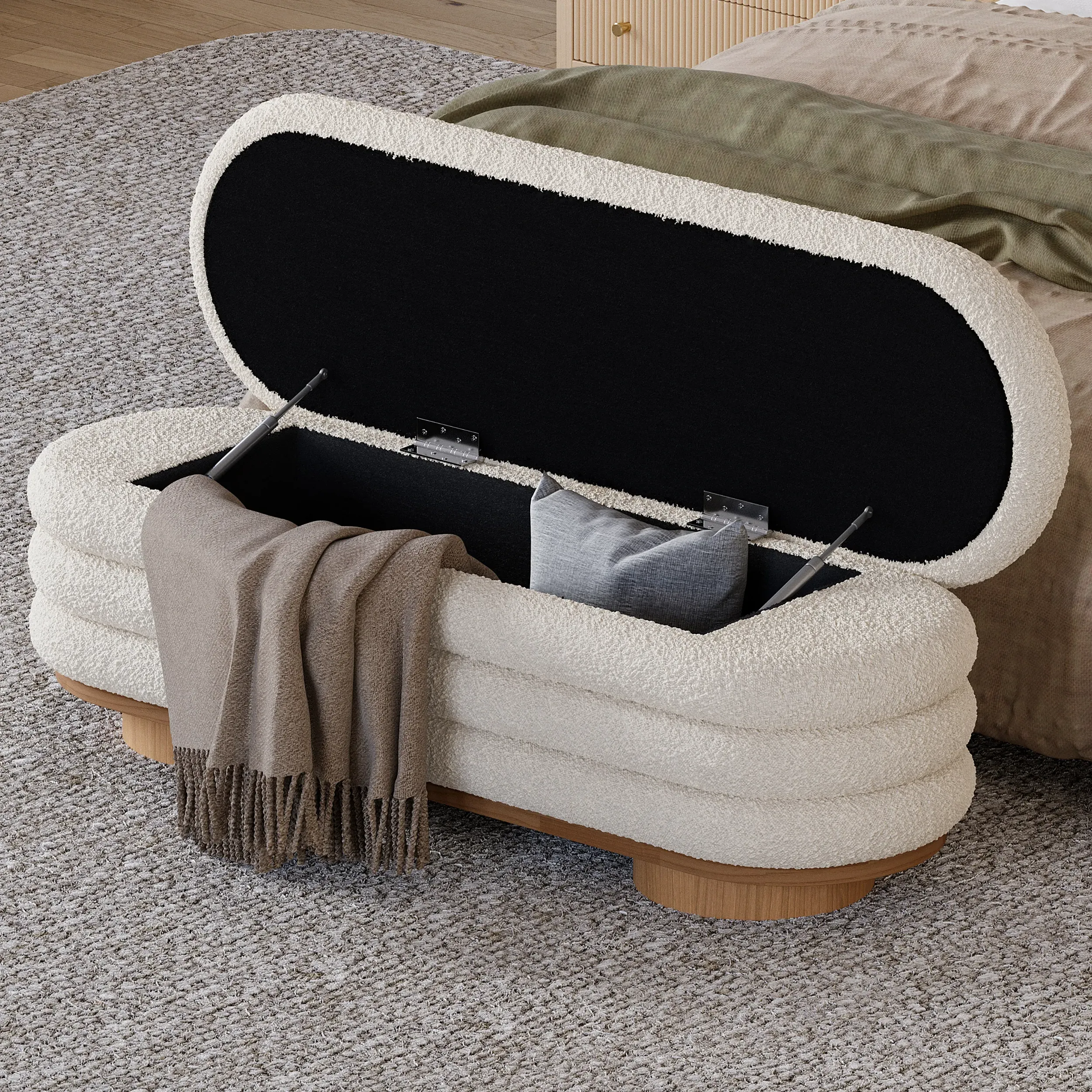 Storage Bench with Flip-Top - White, Boucle