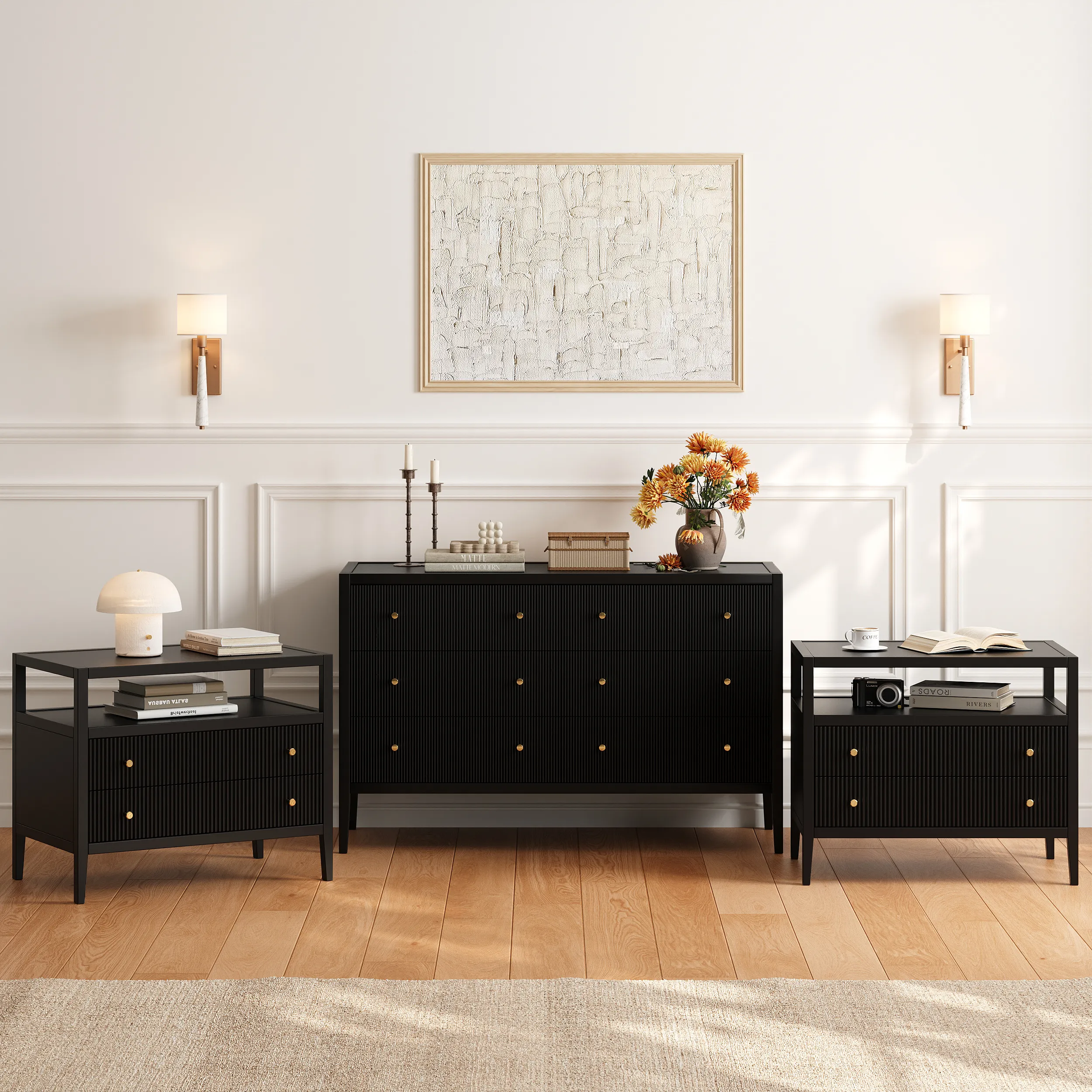 Stria Fluted 6-Drawer Dresser & 2 Nightstands Set - Black image