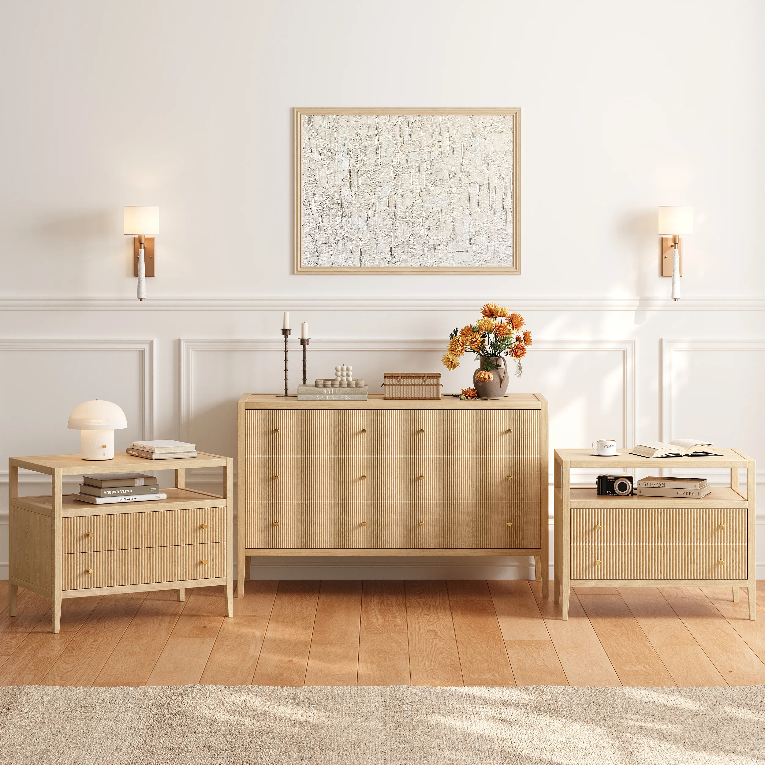 Stria Fluted 6-Drawer Dresser & 2 Nightstands Set - Natural