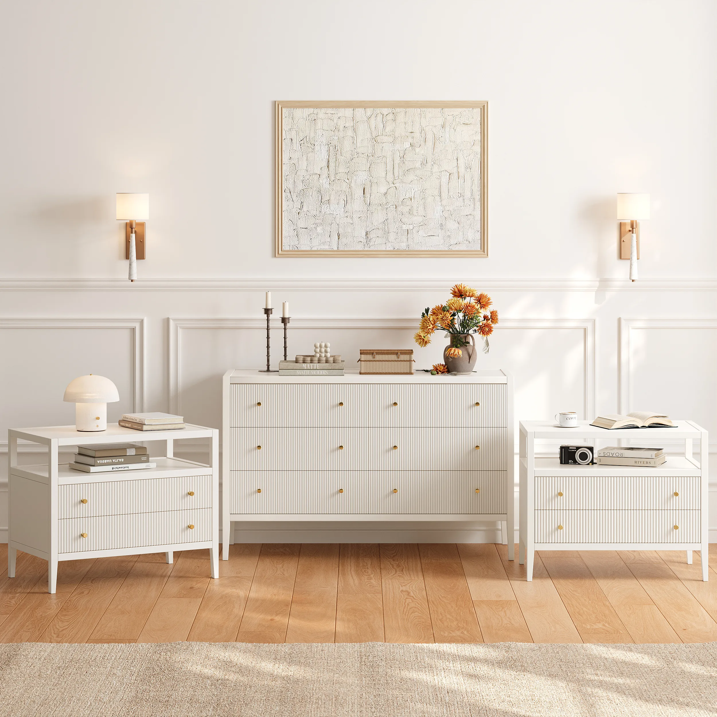 Stria Fluted 6-Drawer Dresser & 2 Nightstands Set - White