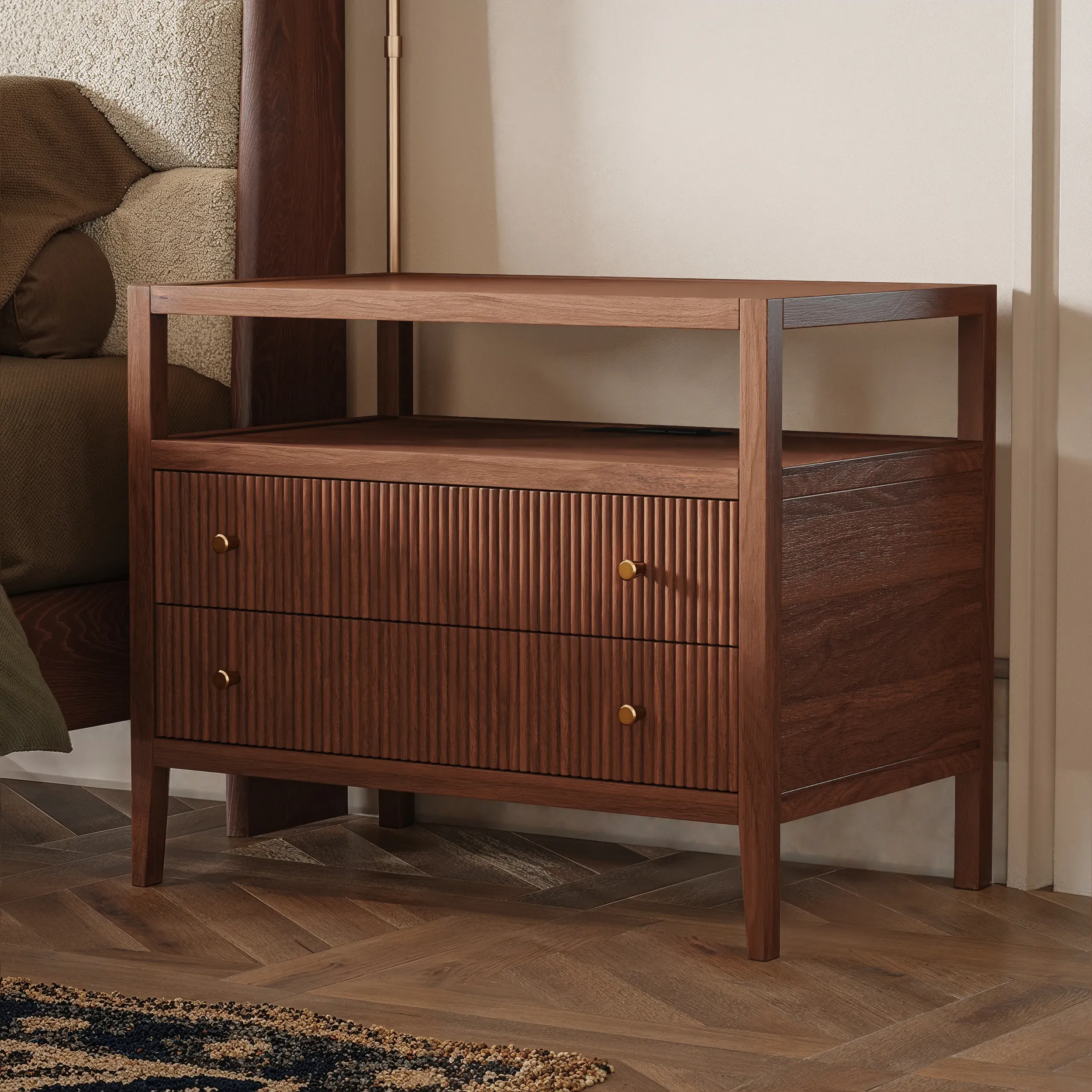 Stria Wide Fluted Nightstand Set of 2 with Charging Station - Gold