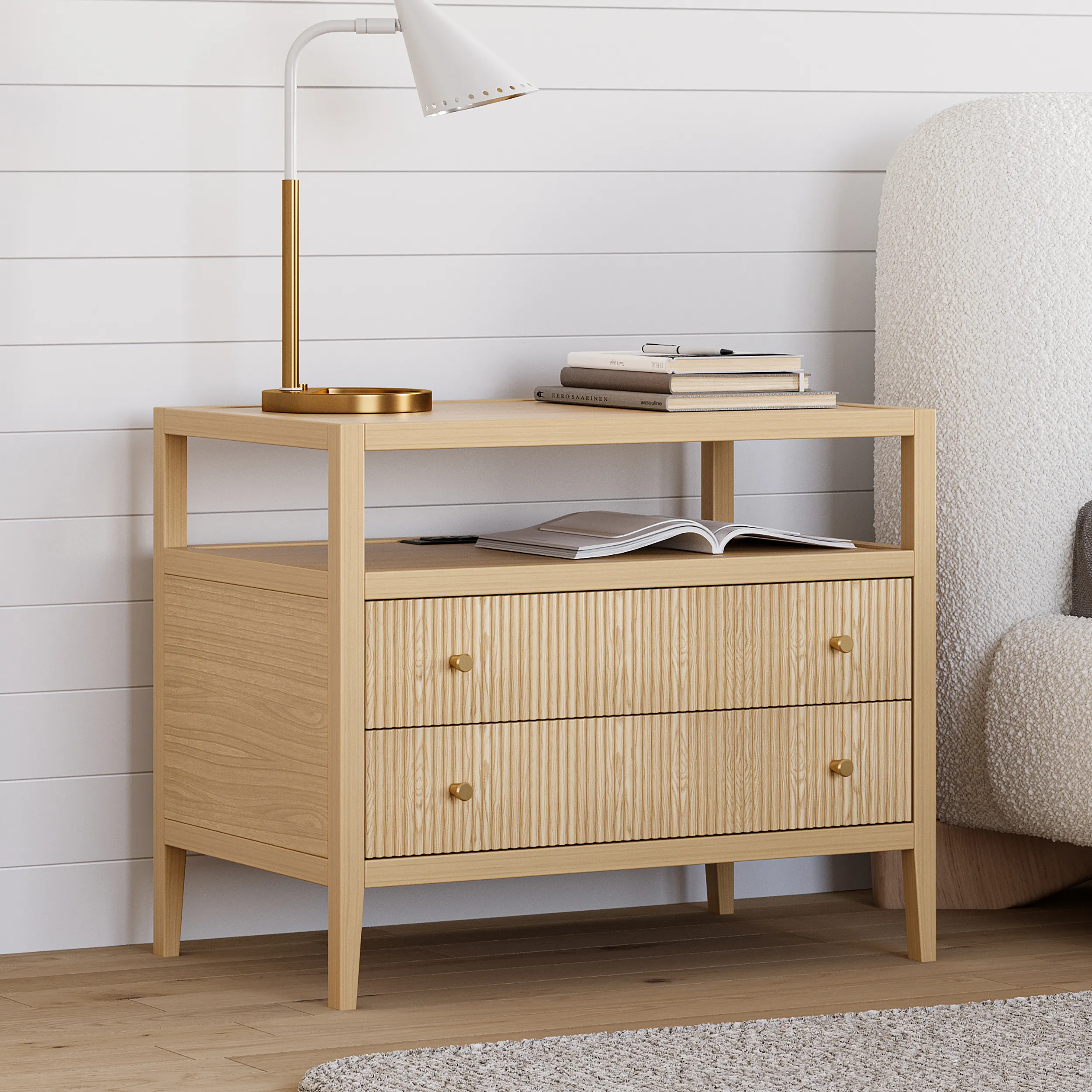 Stria Wide Fluted Nightstand with Charging Station - Gold