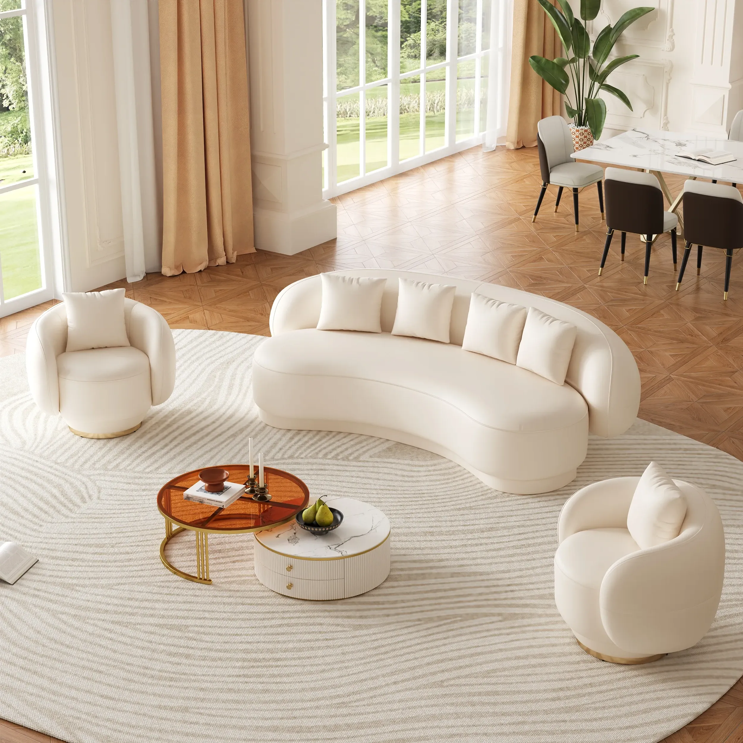 Suncurve 3-Seater Sofa Set with Swivel Chairs - Faux Leather image