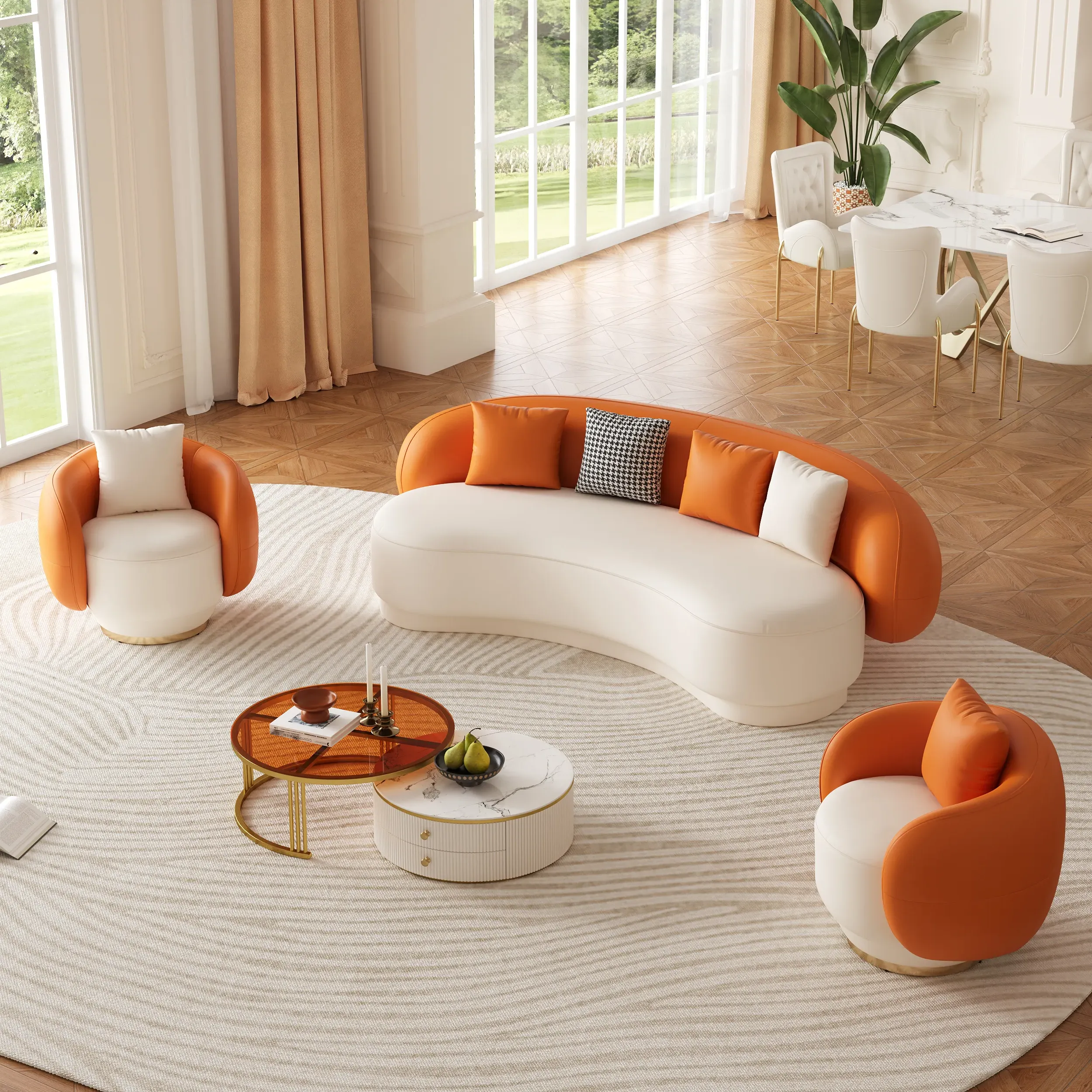 Suncurve 3-Seater Sofa Set with Swivel Chairs - Orange
