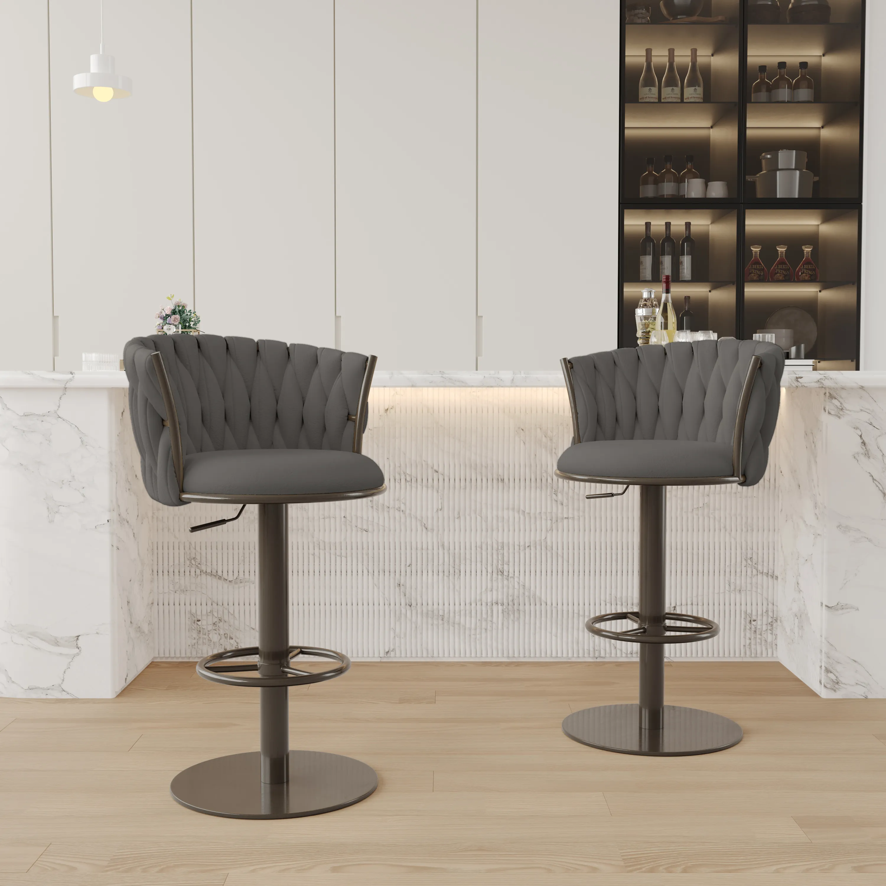 Sweave Set of 2 Swivel Bar Stools Adjustable Height - Gray, Velvet