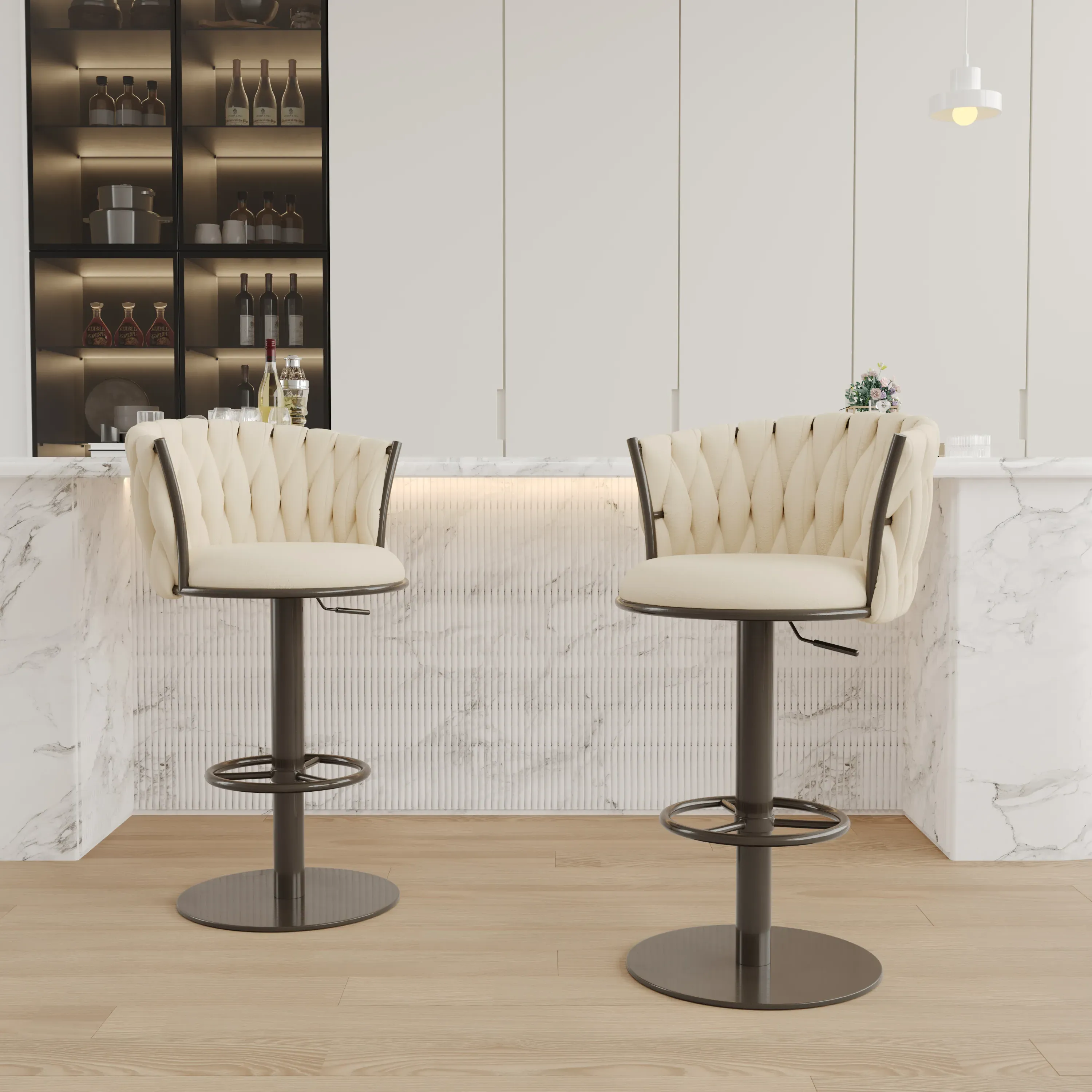 Sweave Swivel Bar Stools Set of 2 - Off White, Velvet