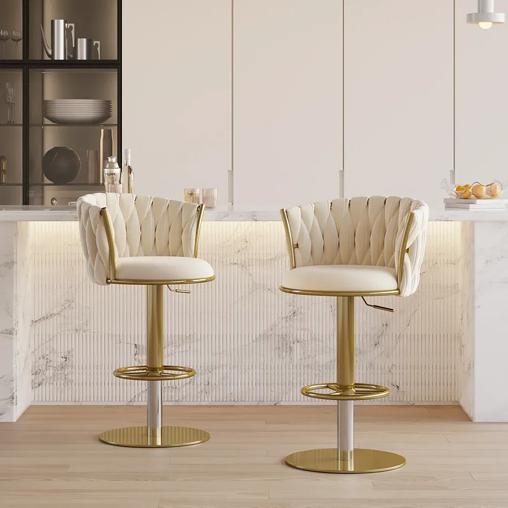 Sweave Swivel Bar Stools Set of 8 - Off White, Velvet