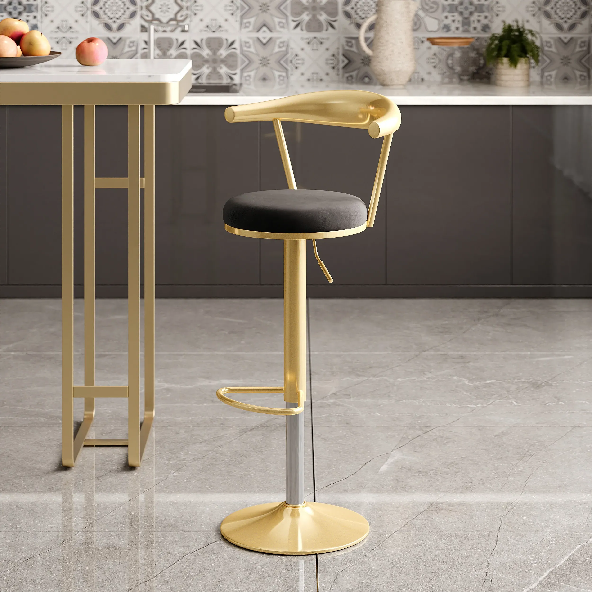 Swivel Bar Stool with Backrest - Black, Velvet