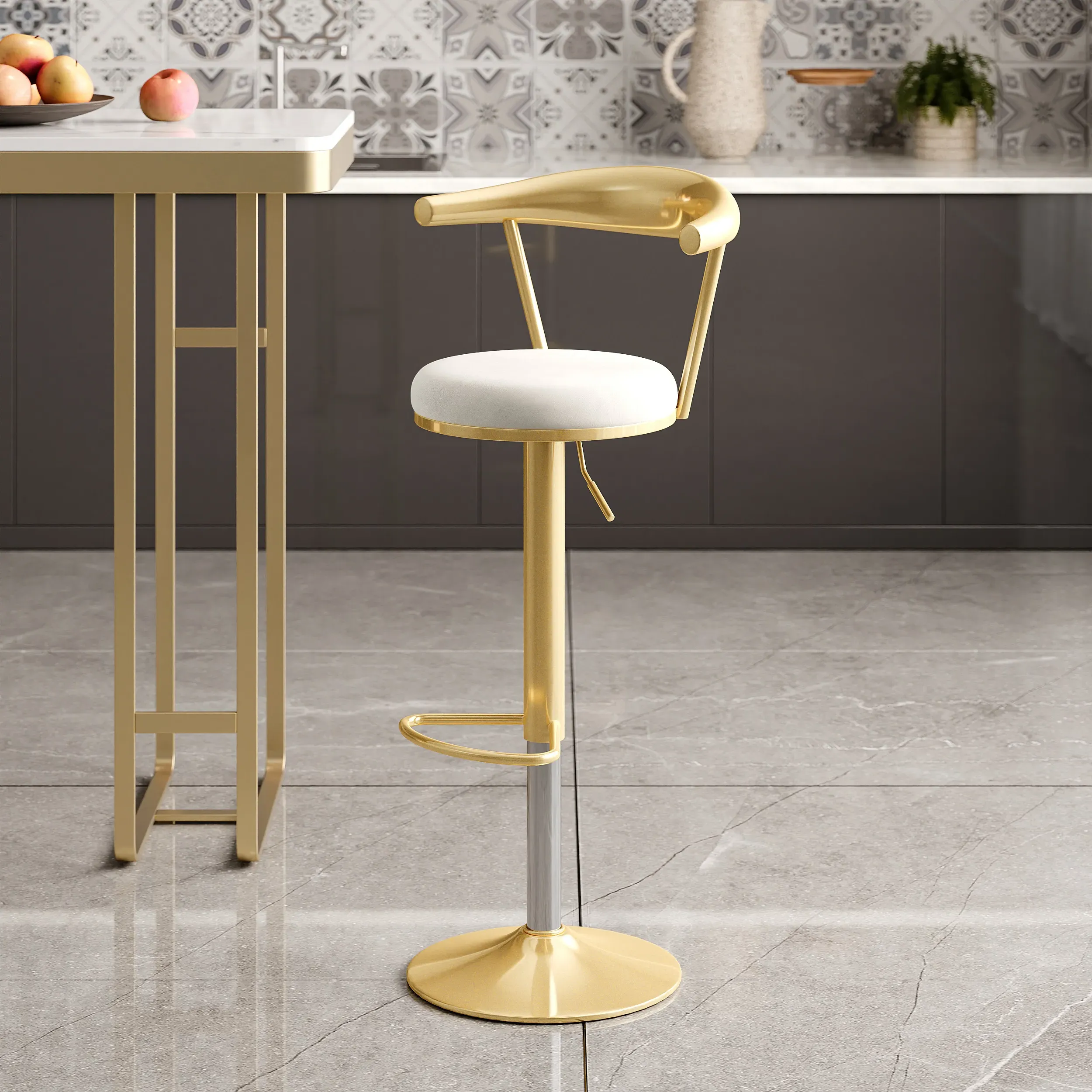 Swivel Bar Stool with Backrest - White, Velvet (4-Pieces)