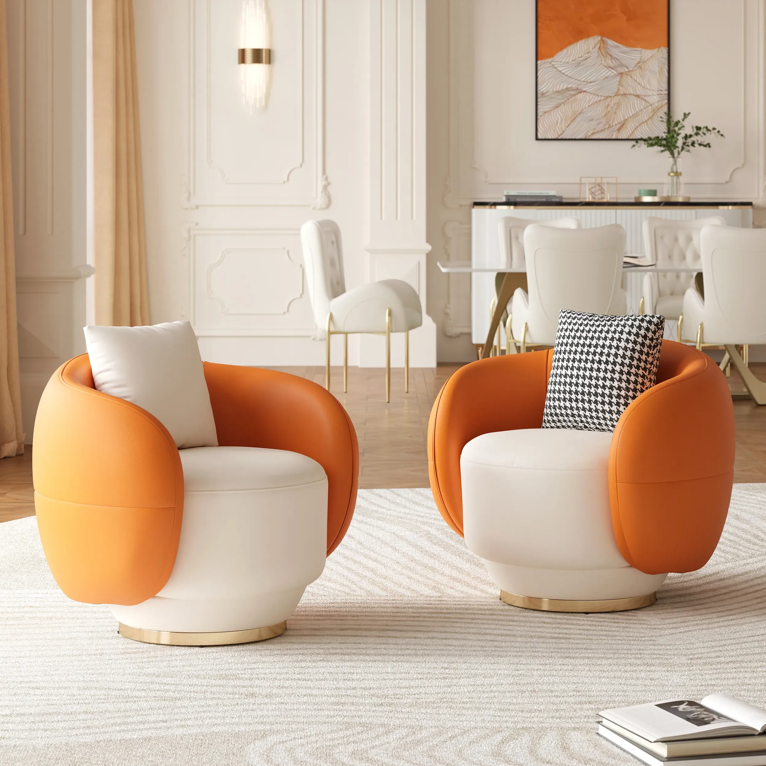 Swivel Barrel Accent Chair Set of 2 - Orange & White, Faux Leather