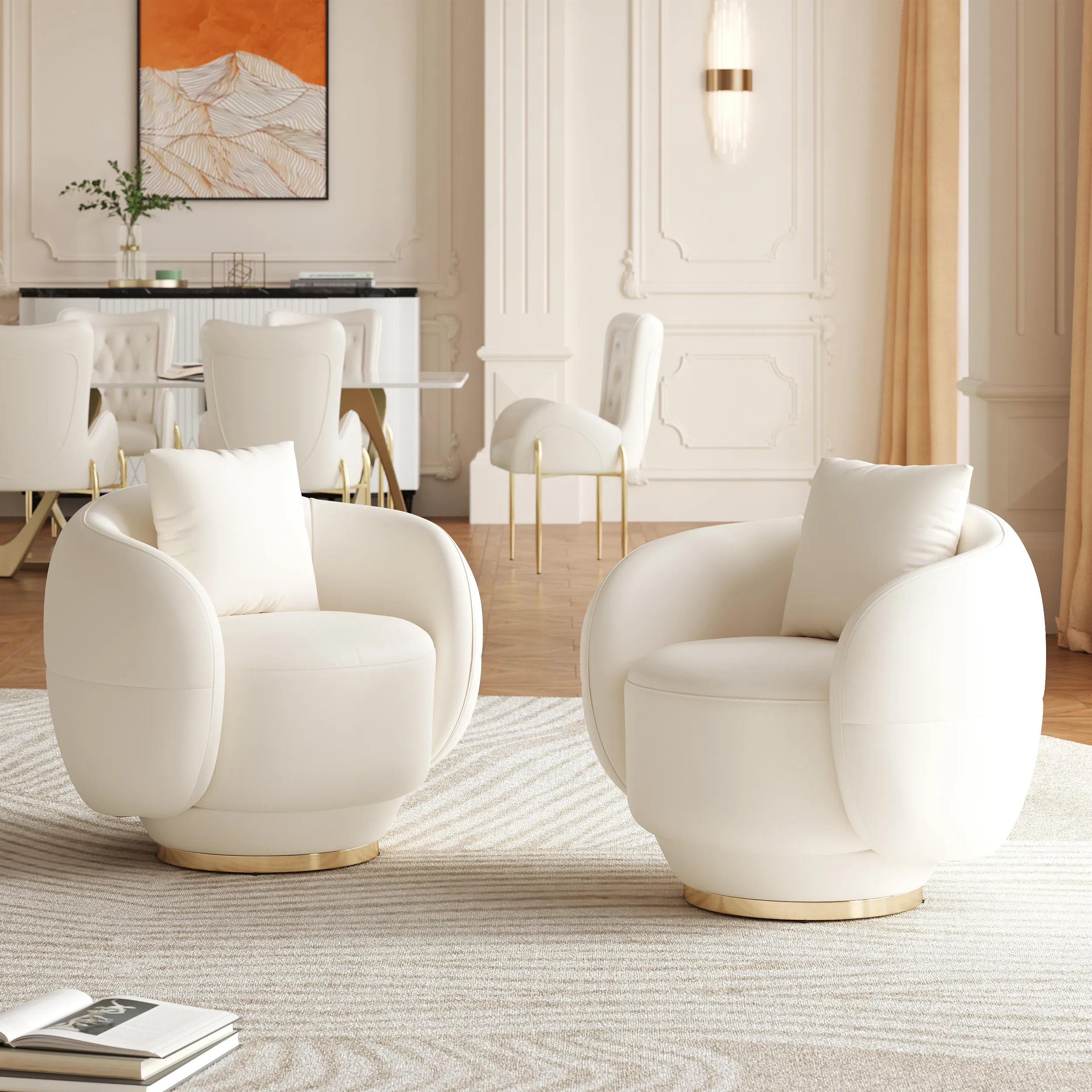 Swivel Barrel Accent Chair Set of 2 - Warm White, Faux Leather