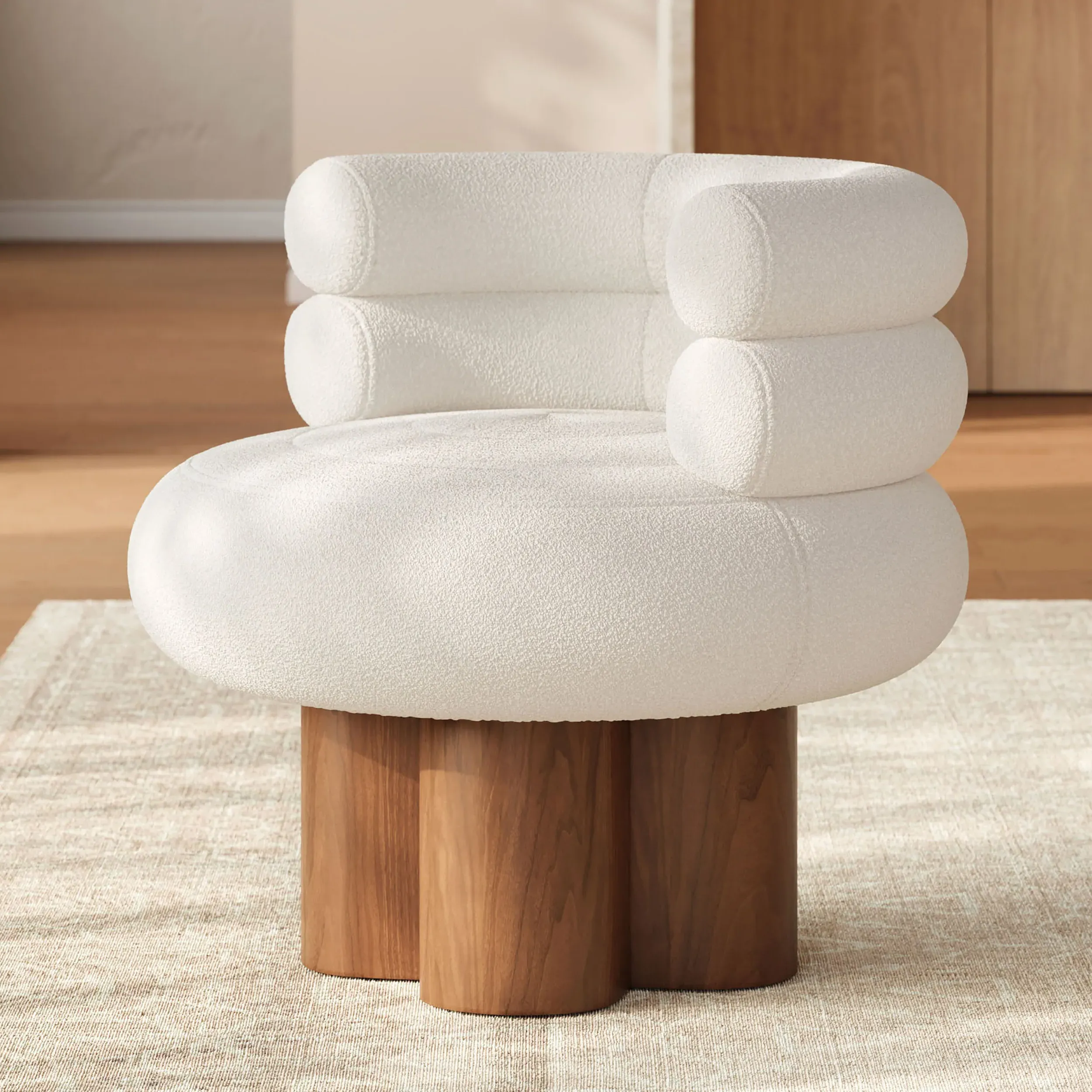 Swivel Boucle Accent Chair - White, Rubberwood