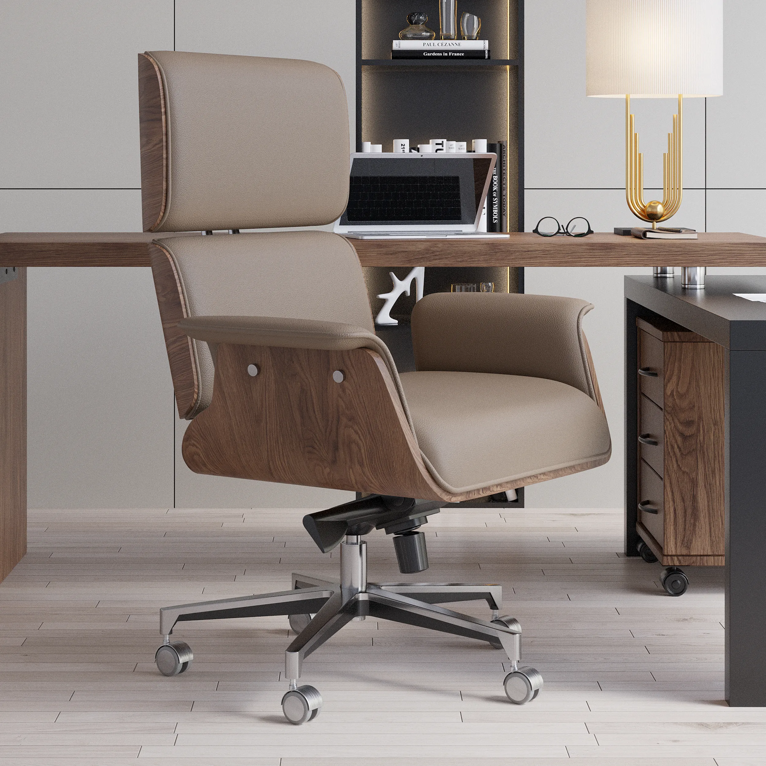 Swivel Office Chair with Height Adjustment - Khaki, Walnut image